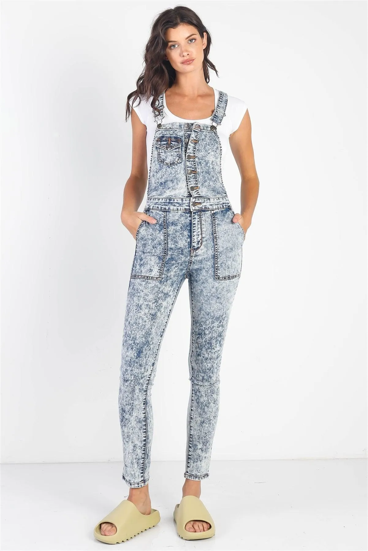 Dark Denim Acid Wash Button Up Skinny Leg Overall /3-2-1