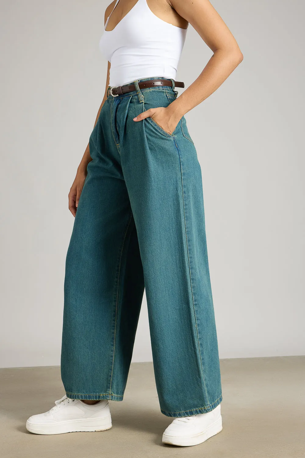 Double Belted Denim Wide Leg Jeans