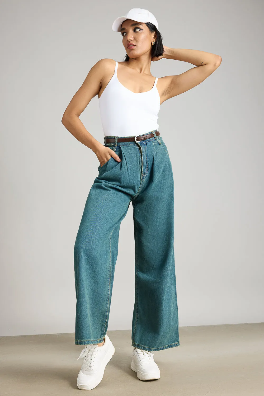 Double Belted Denim Wide Leg Jeans