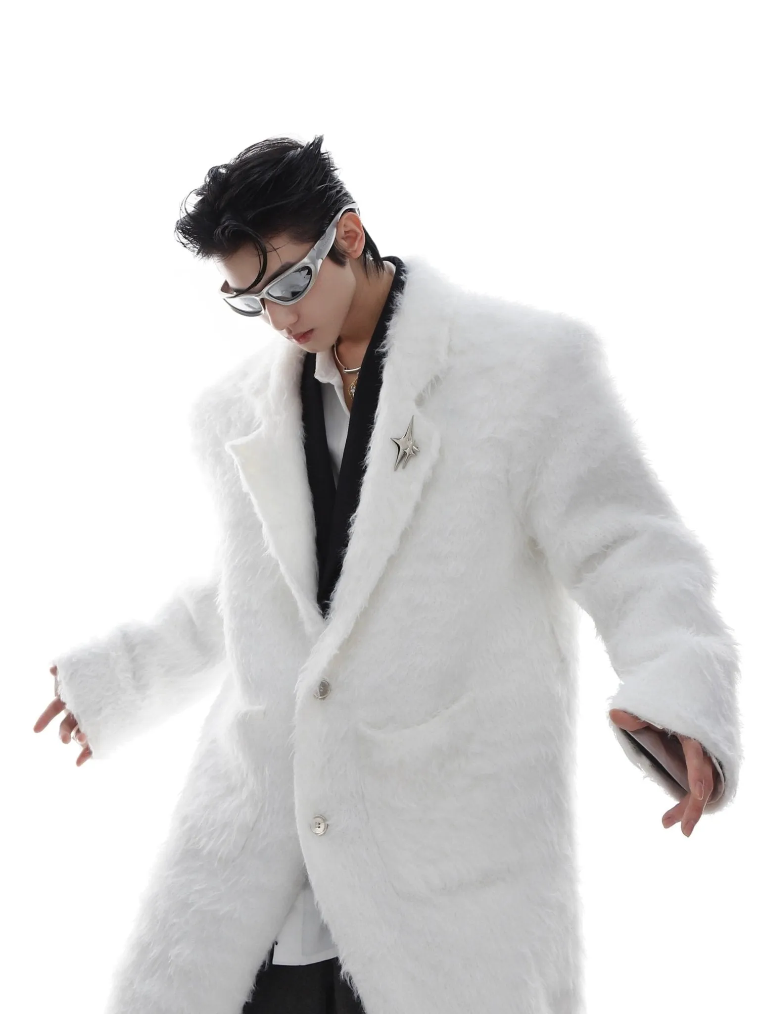 Faux Mink Fur Padded Shoulder Overcoat | Luxurious Longline White Trench