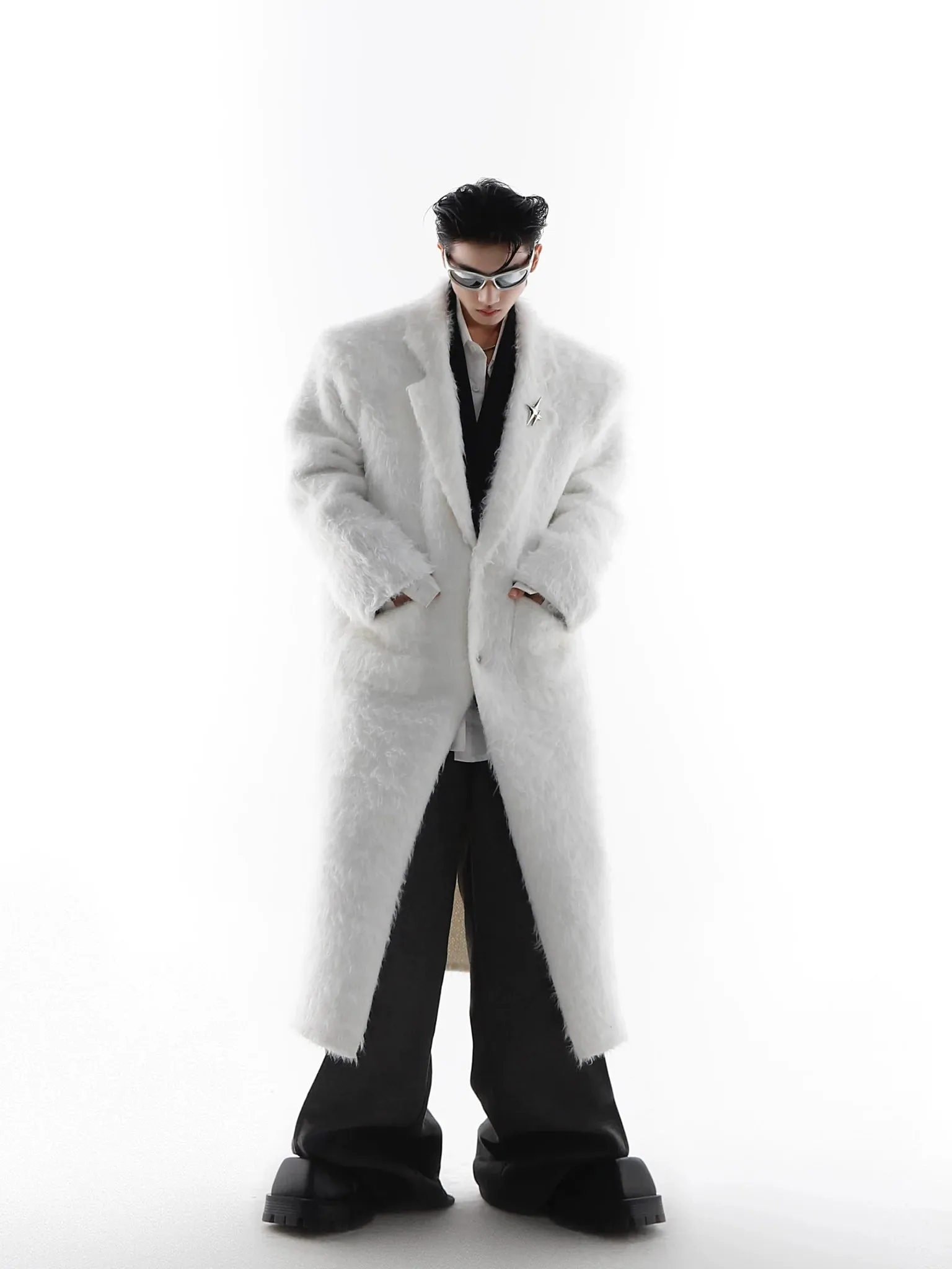 Faux Mink Fur Padded Shoulder Overcoat | Luxurious Longline White Trench