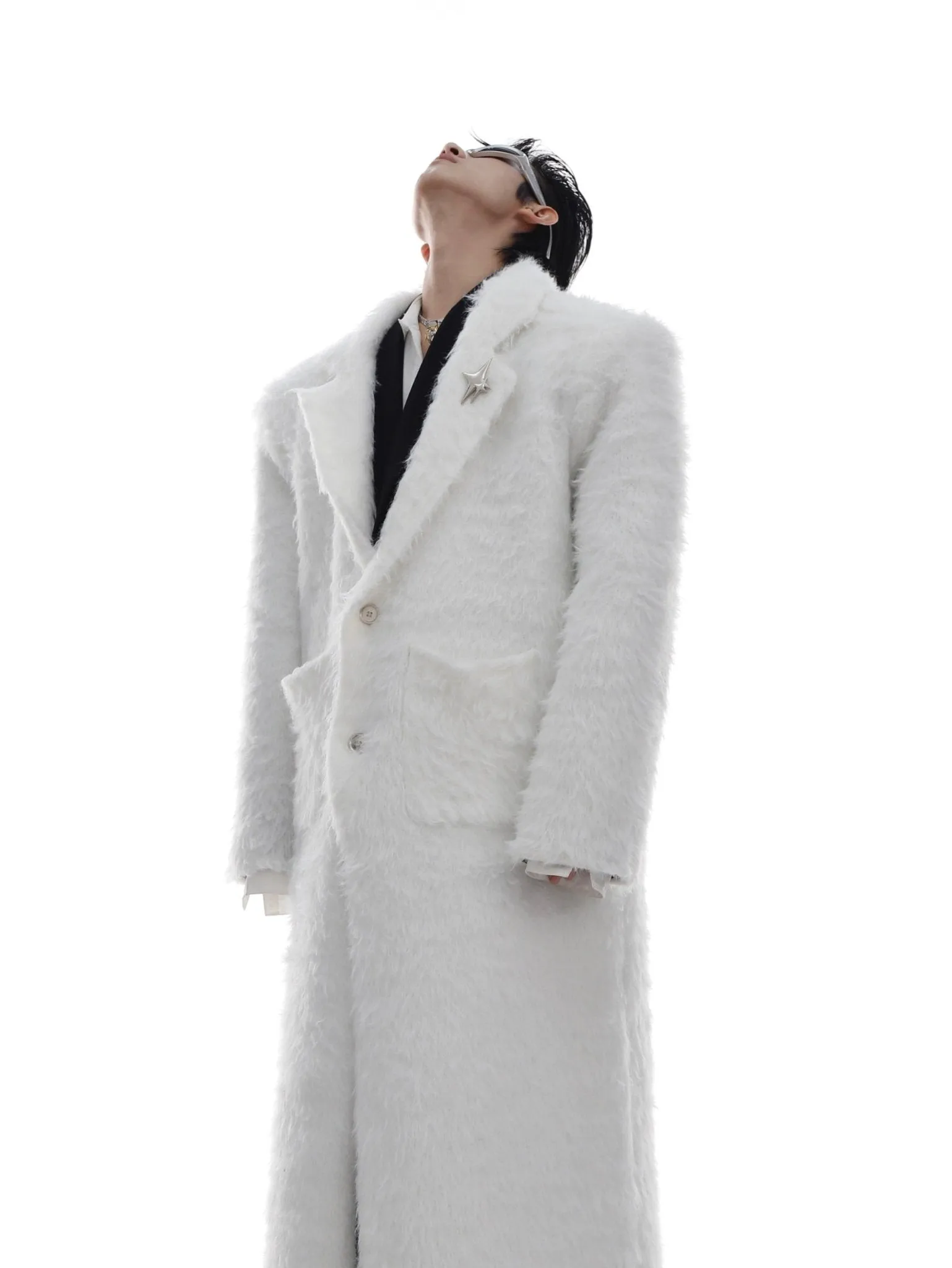 Faux Mink Fur Padded Shoulder Overcoat | Luxurious Longline White Trench