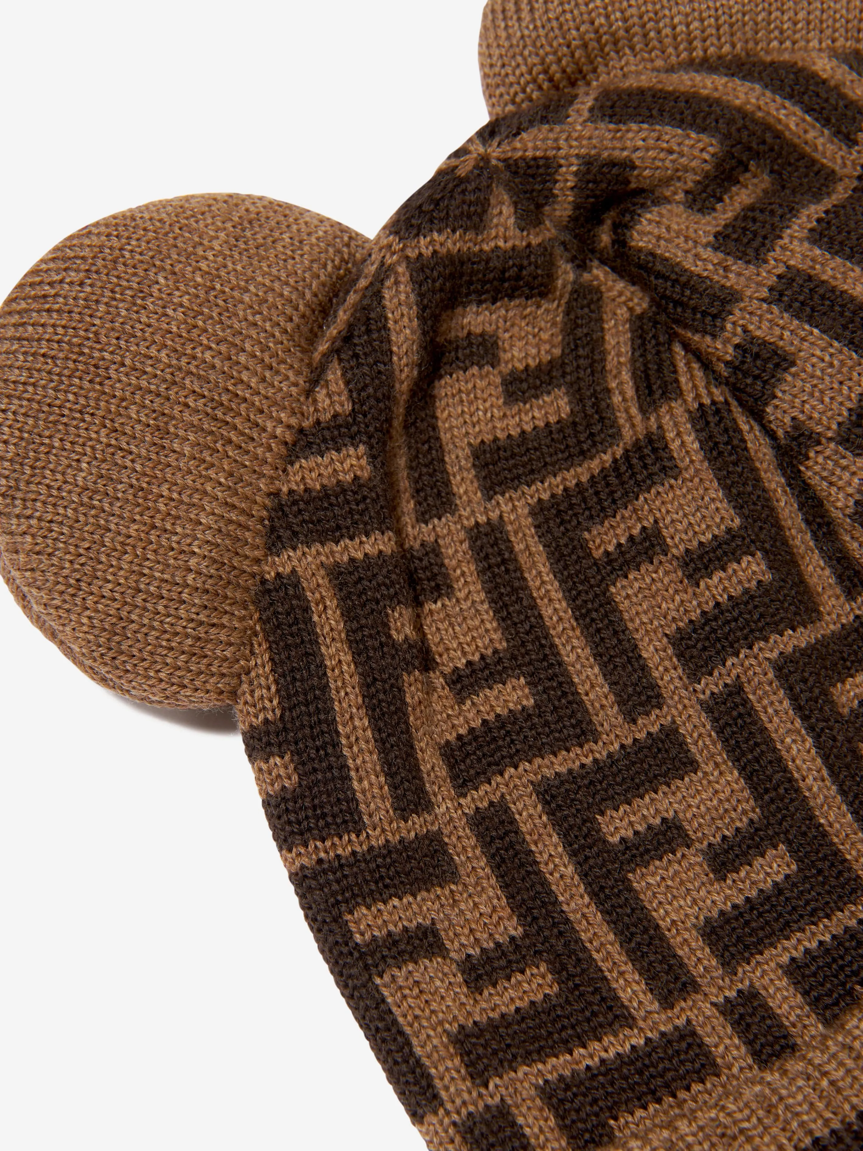 Fendi Kids Wool Beanie Hat With Ears in Brown