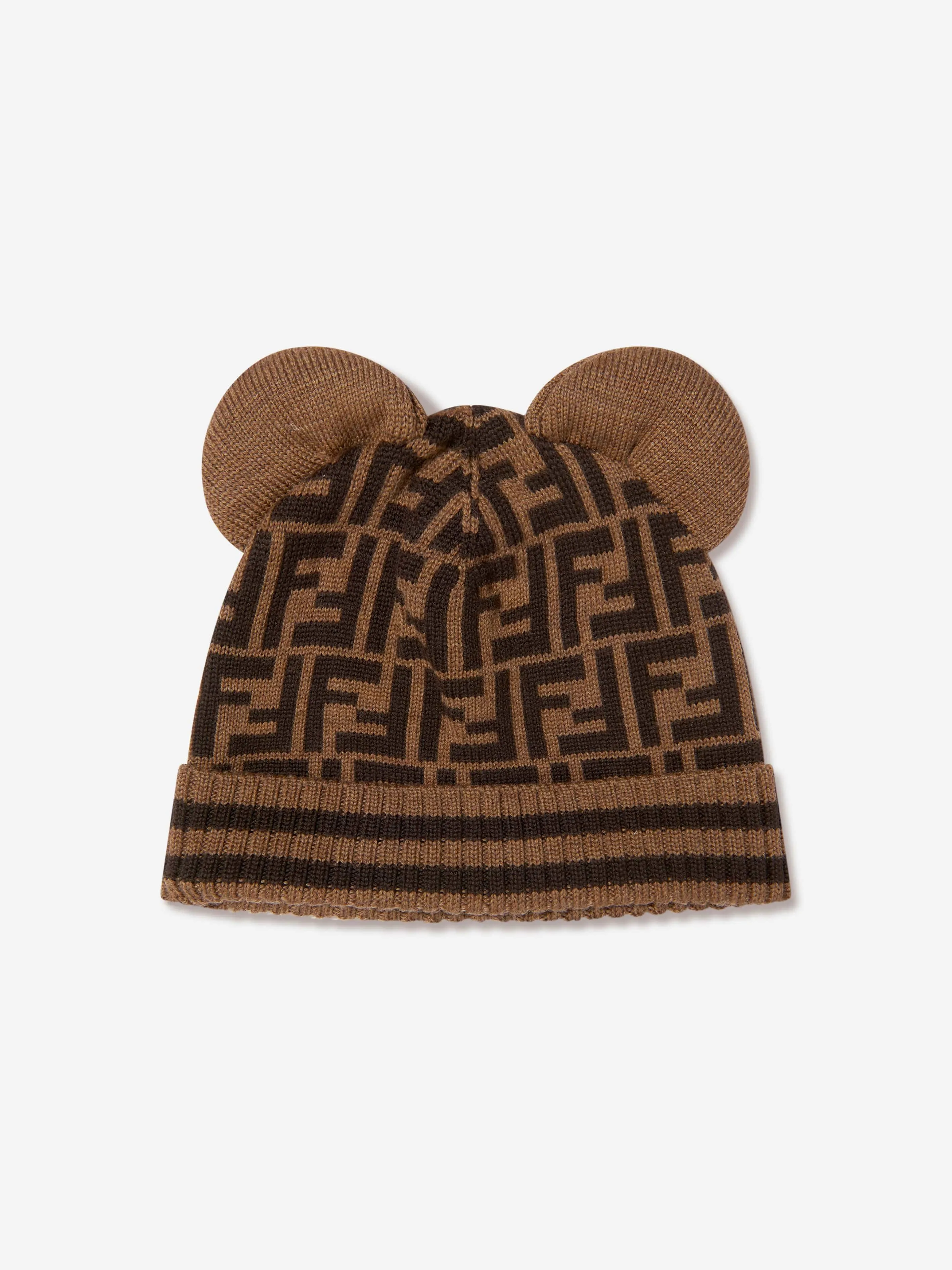 Fendi Kids Wool Beanie Hat With Ears in Brown