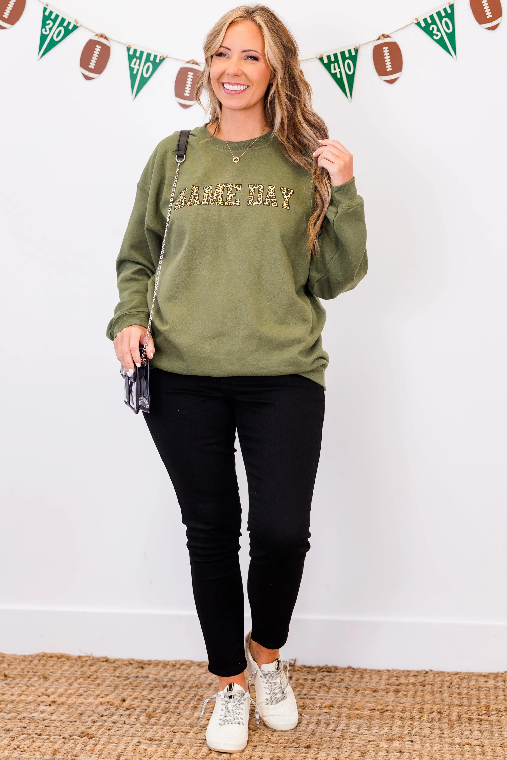 Game Day Leopard Sweatshirt, Military Green