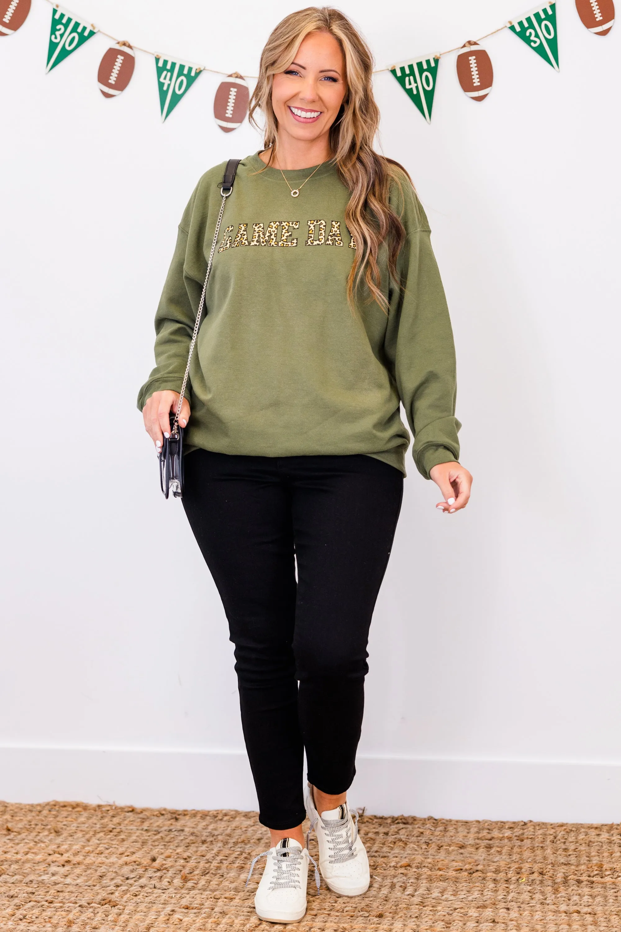 Game Day Leopard Sweatshirt, Military Green