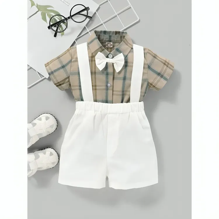 Gentlemen White Overall Plaid Set