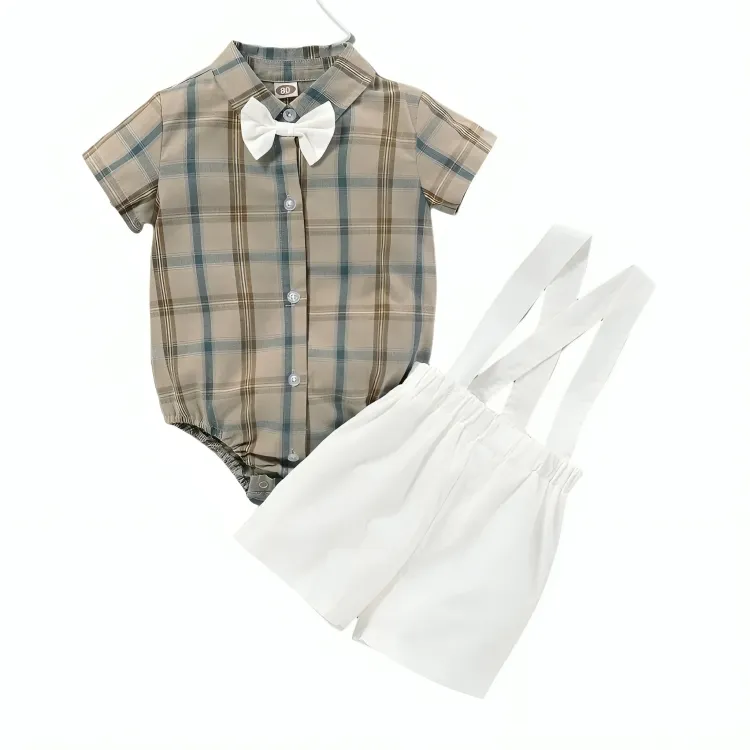 Gentlemen White Overall Plaid Set