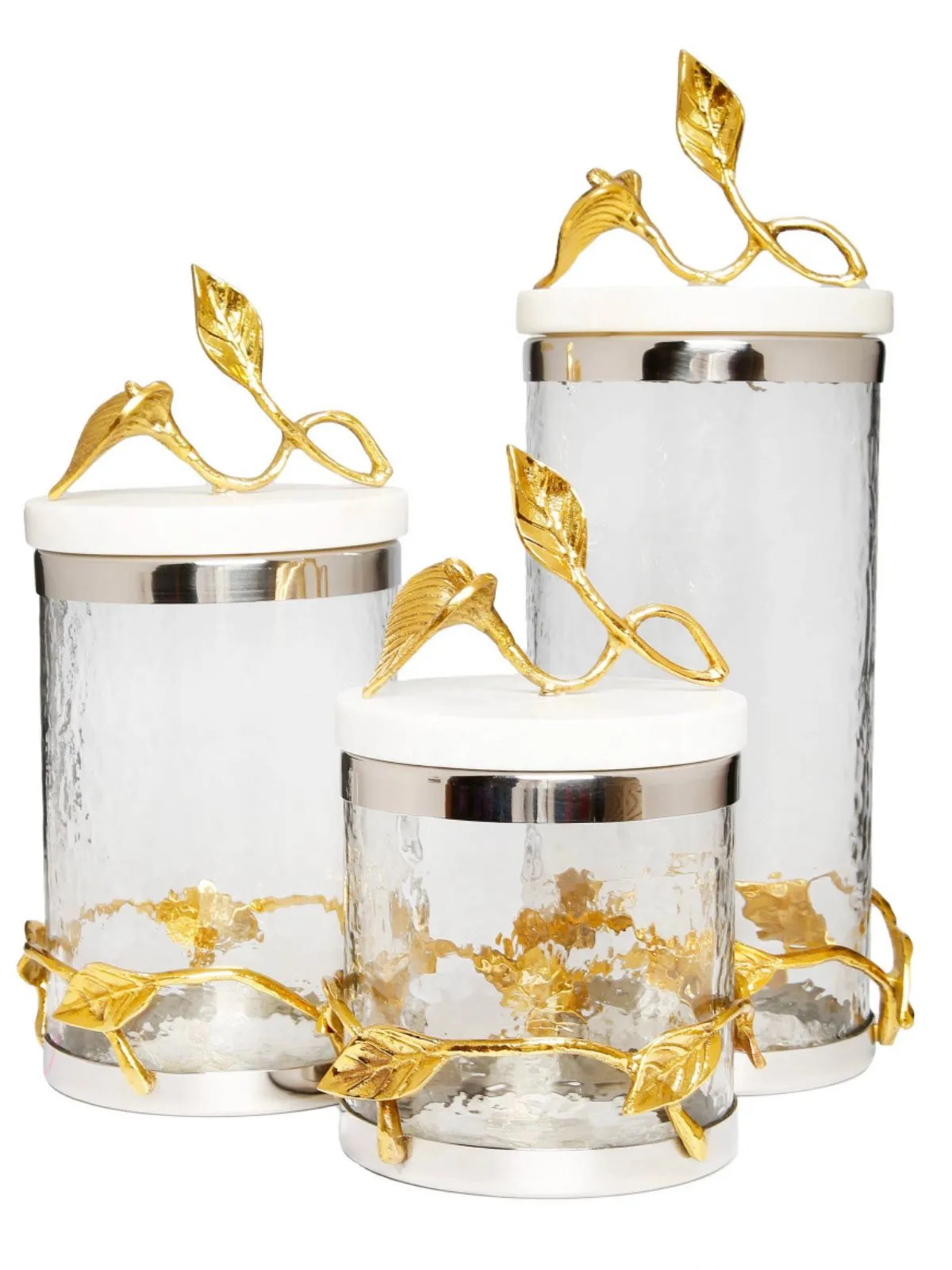 Glass Canister With Leaf Design And Marble Lid (3 Sizes)