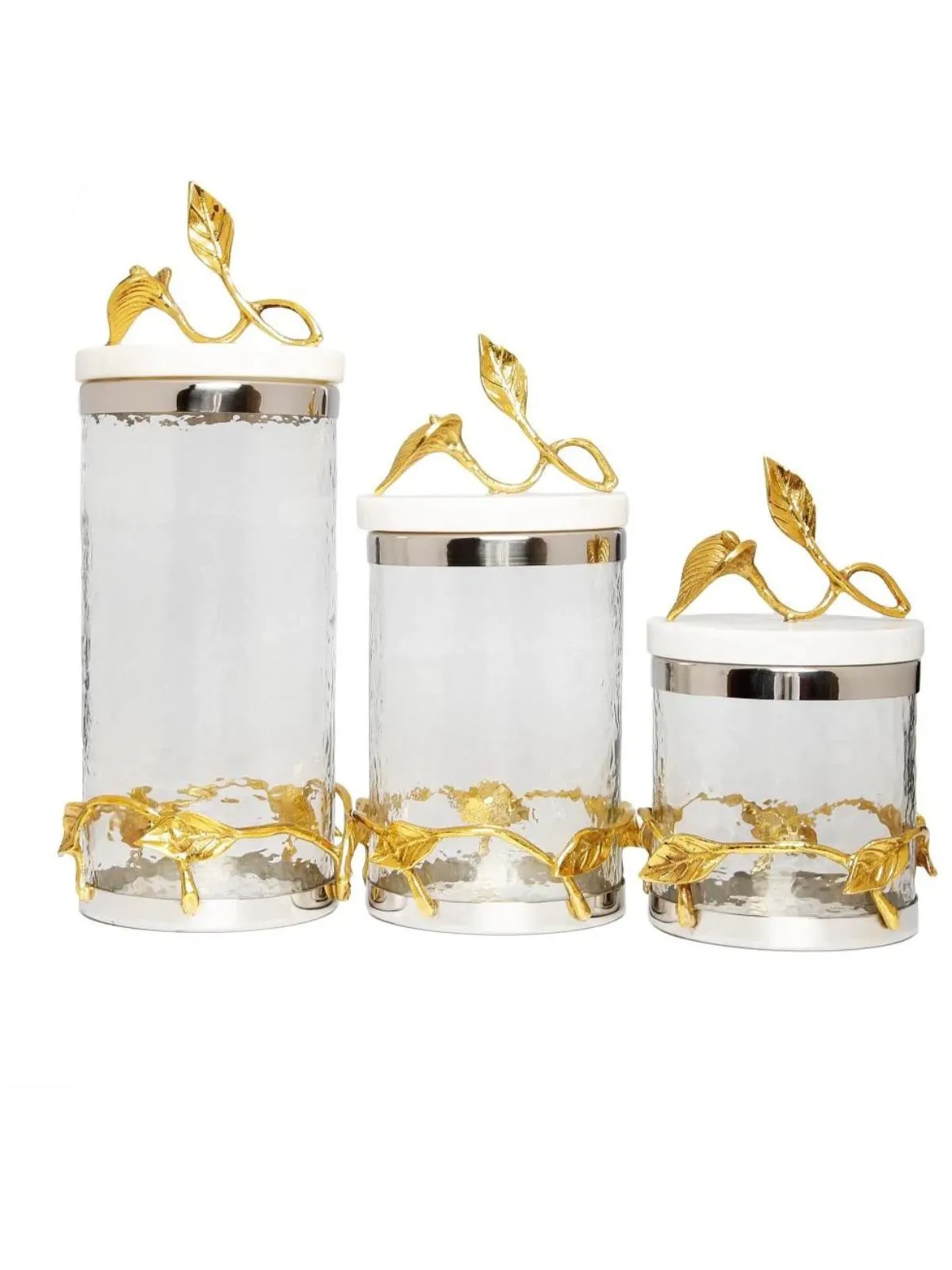 Glass Canister With Leaf Design And Marble Lid (3 Sizes)