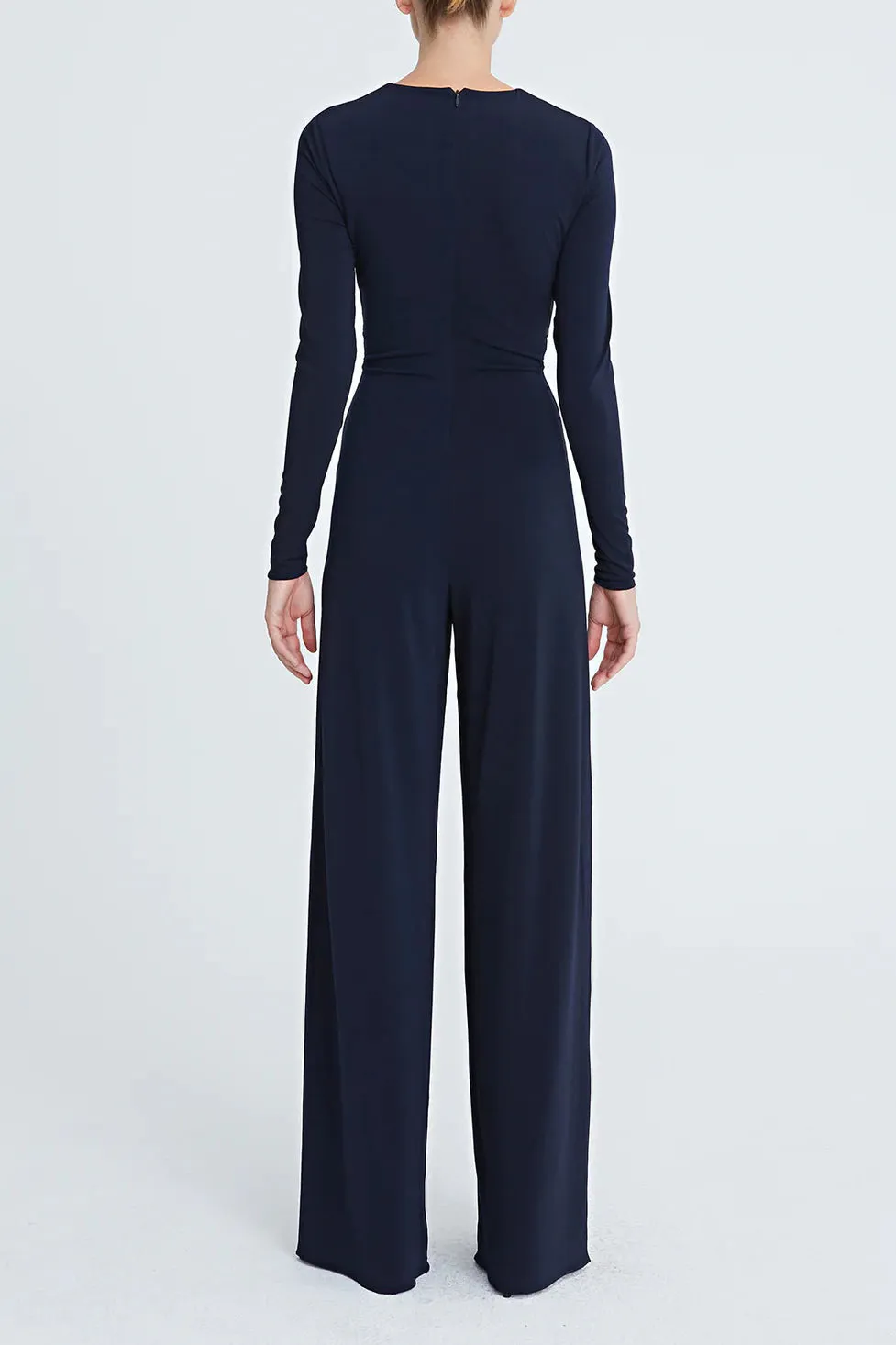 Halston Crew Neck Long Sleeve Keyhole Crossed Front Waist Cutout Solid Jersey Jumpsuit