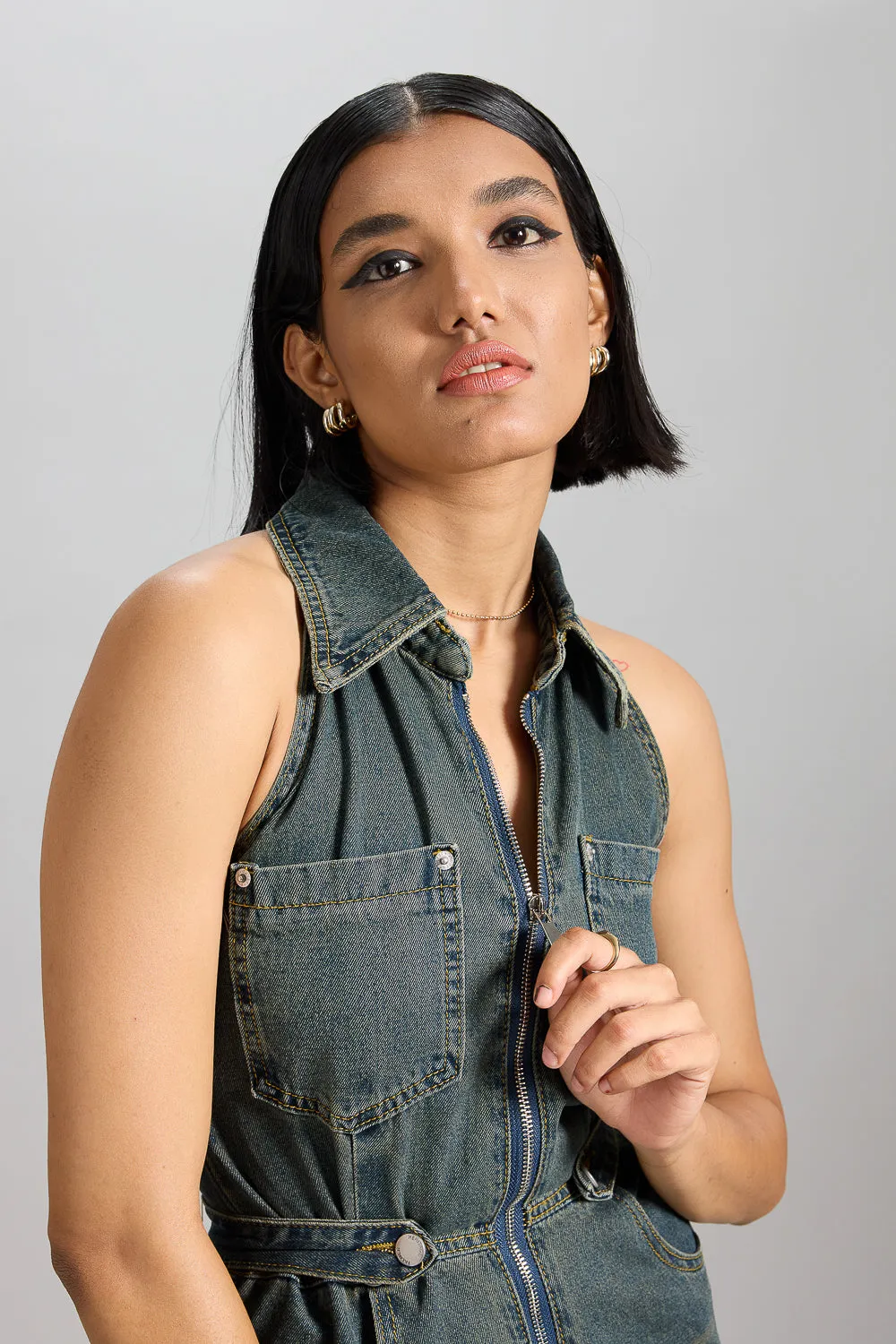 Halter Neck Denim Jumpsuit