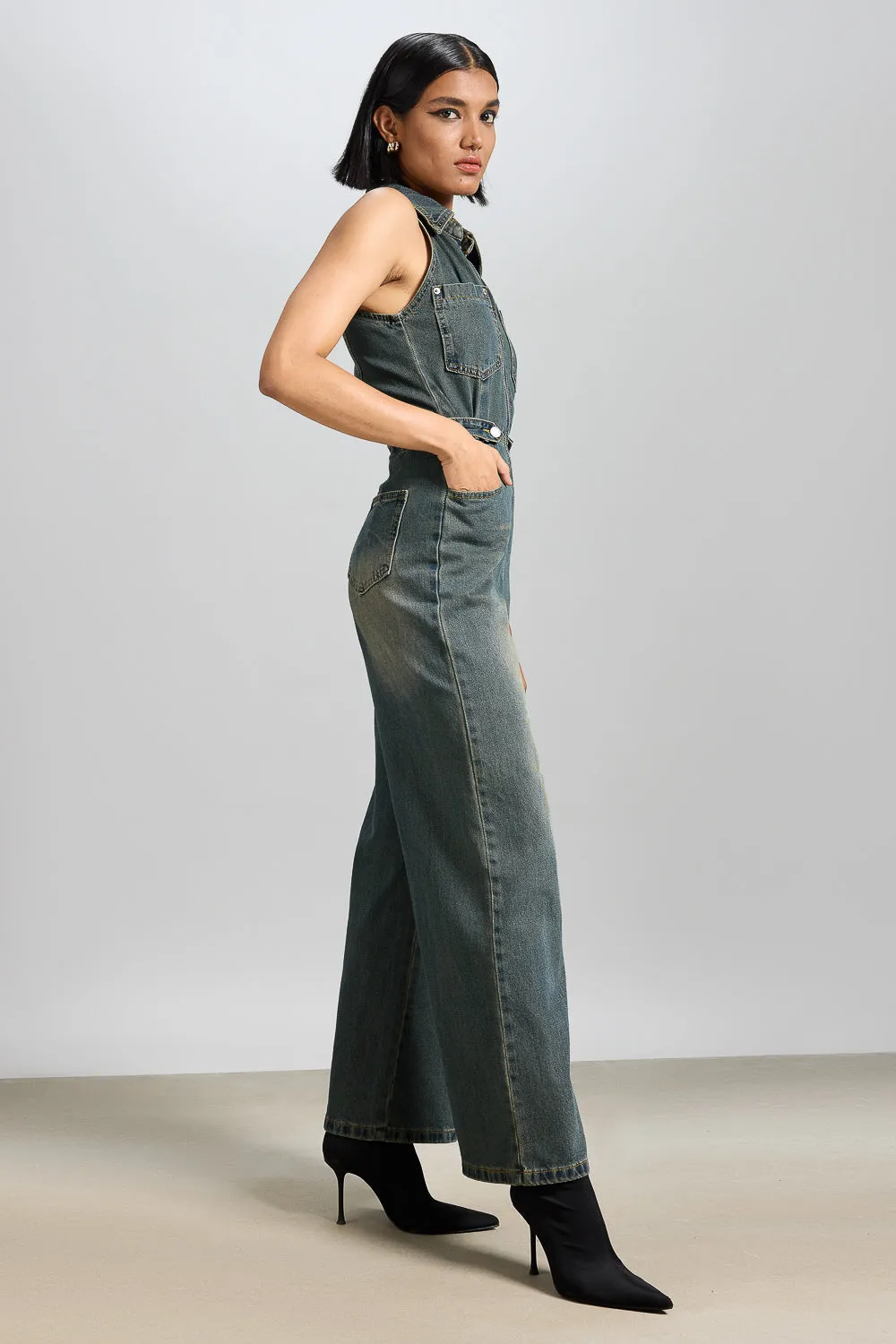 Halter Neck Denim Jumpsuit