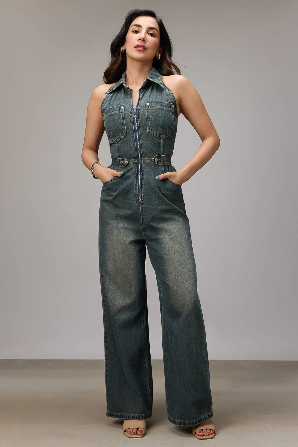 Halter Neck Denim Jumpsuit