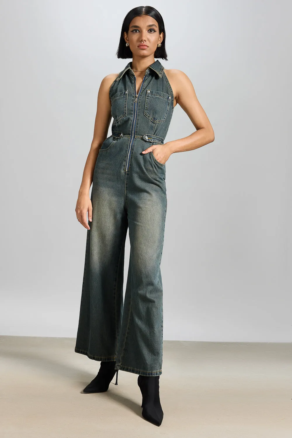 Halter Neck Denim Jumpsuit