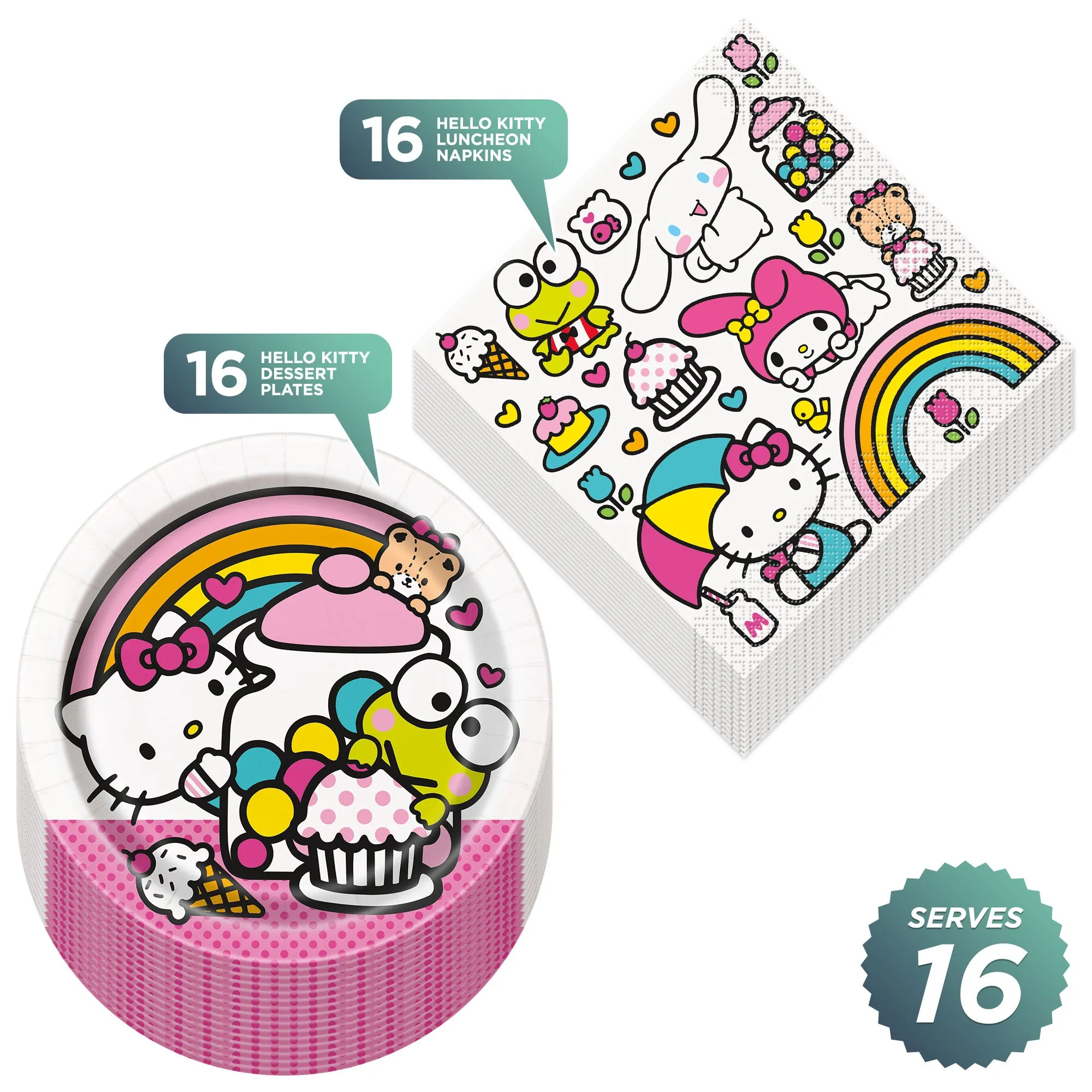 Hello Kitty Party Supplies - Round Paper Dessert Plates and Lunch Napkins (Serves 16)