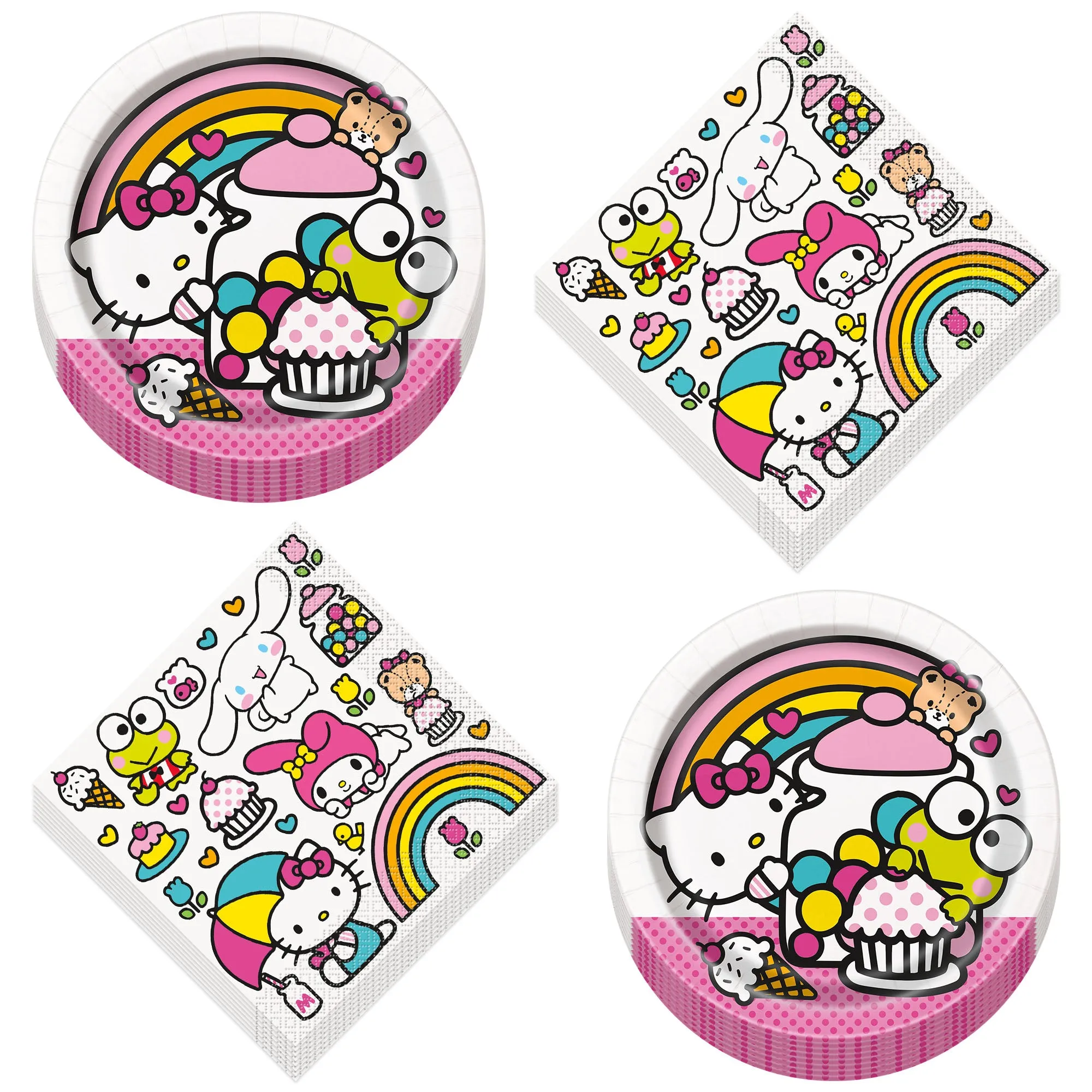 Hello Kitty Party Supplies - Round Paper Dessert Plates and Lunch Napkins (Serves 16)