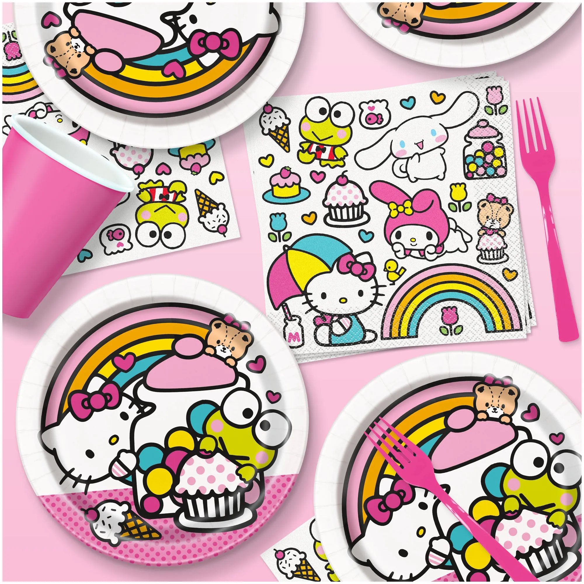 Hello Kitty Party Supplies - Round Paper Dessert Plates and Lunch Napkins (Serves 16)