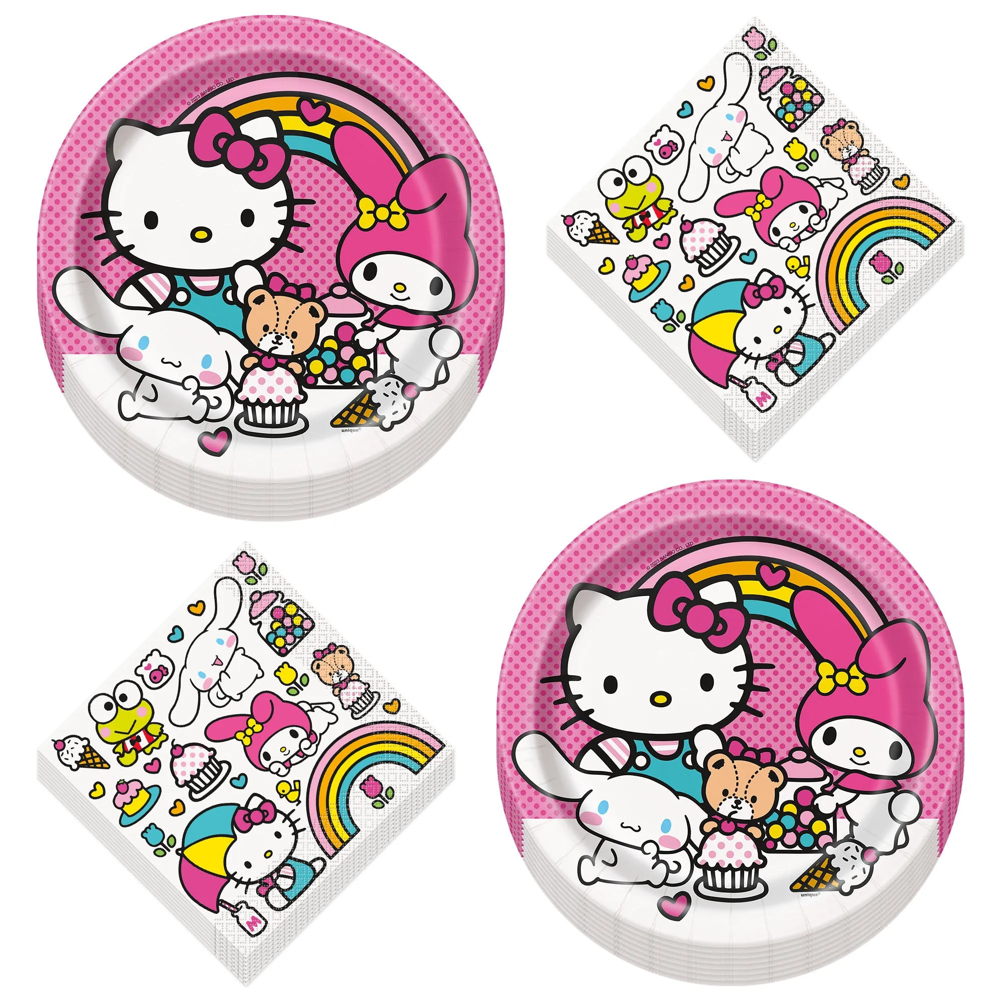 Hello Kitty Party Supplies - Round Paper Dinner Plates and Lunch Napkins (Serves 16)