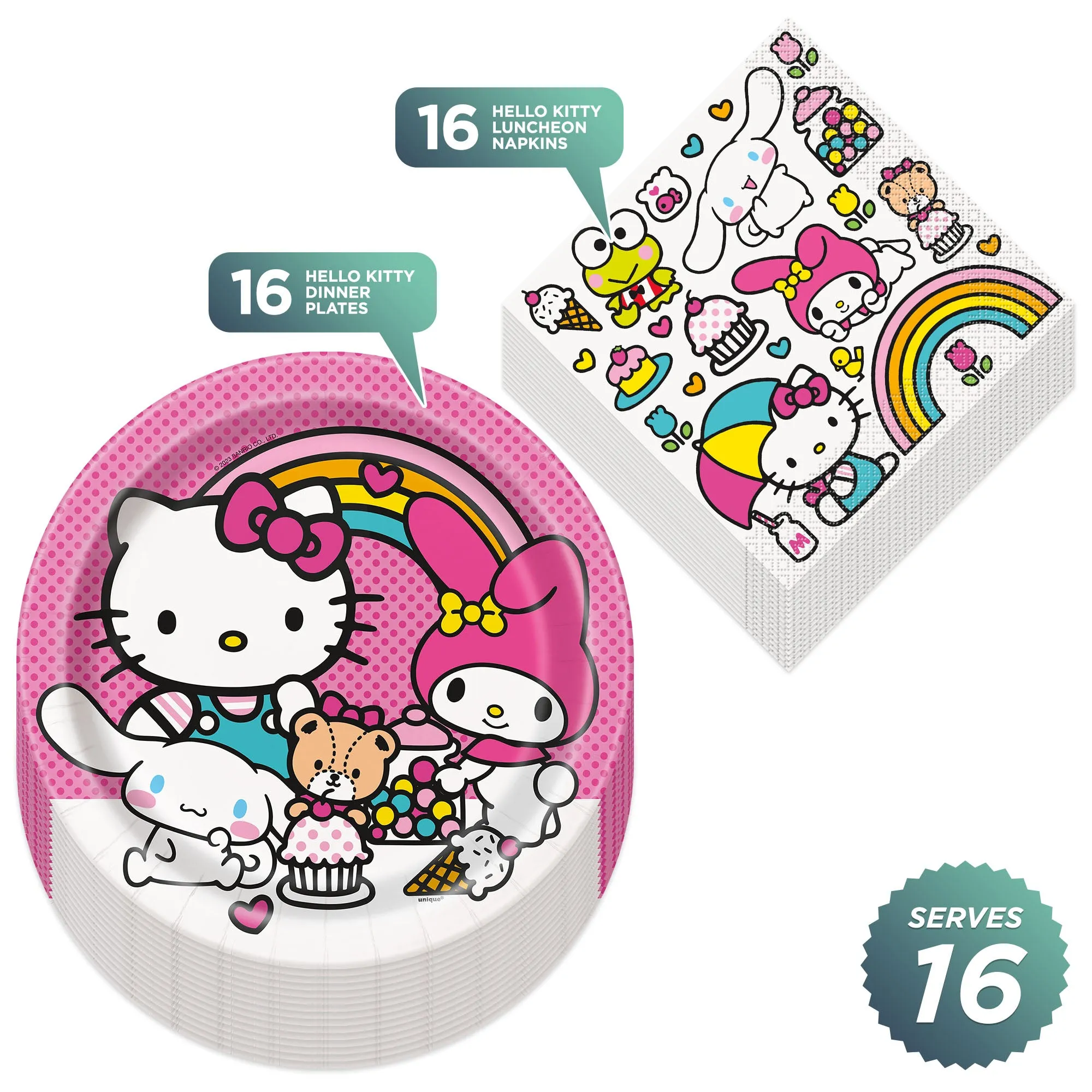 Hello Kitty Party Supplies - Round Paper Dinner Plates and Lunch Napkins (Serves 16)