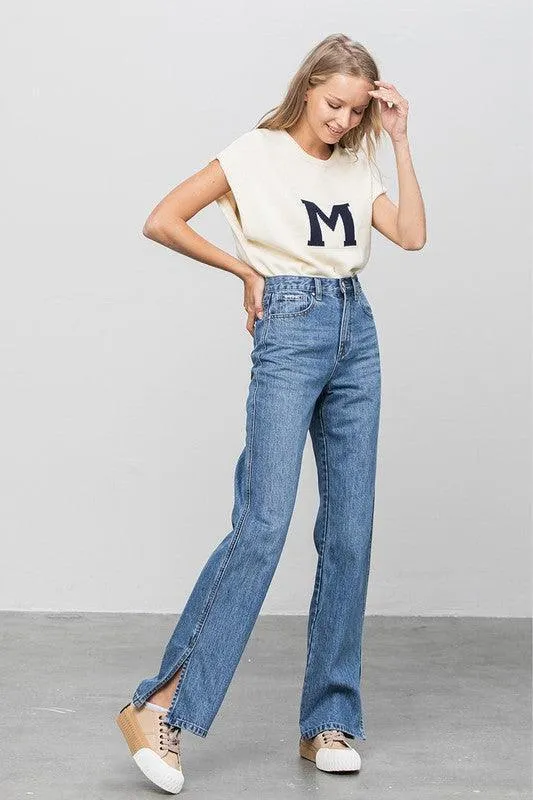 High Waist Straight Jeans with Ankle Slit