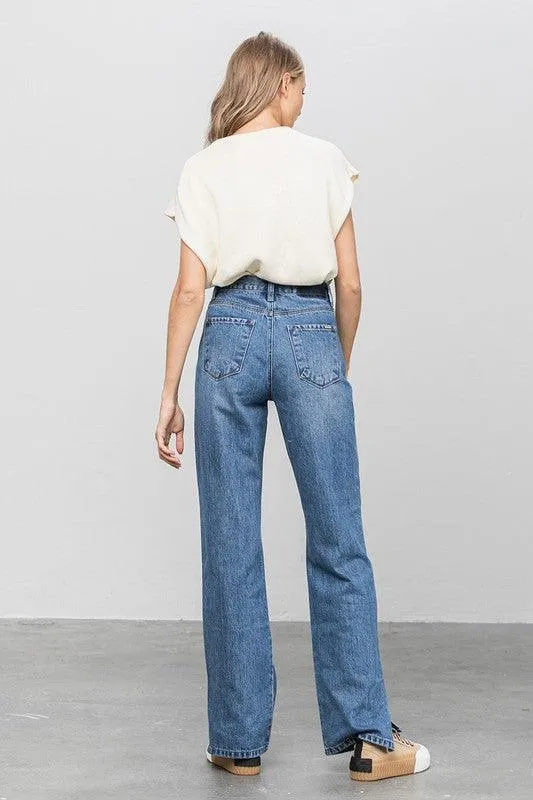 High Waist Straight Jeans with Ankle Slit