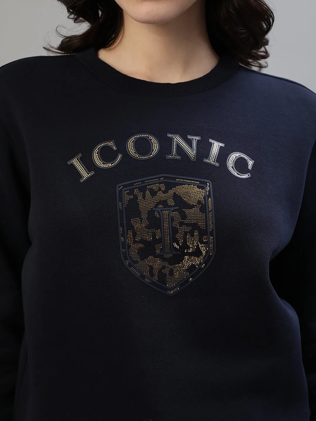 Iconic Women Navy Blue Printed Round Neck Full Sleeves Sweatshirt