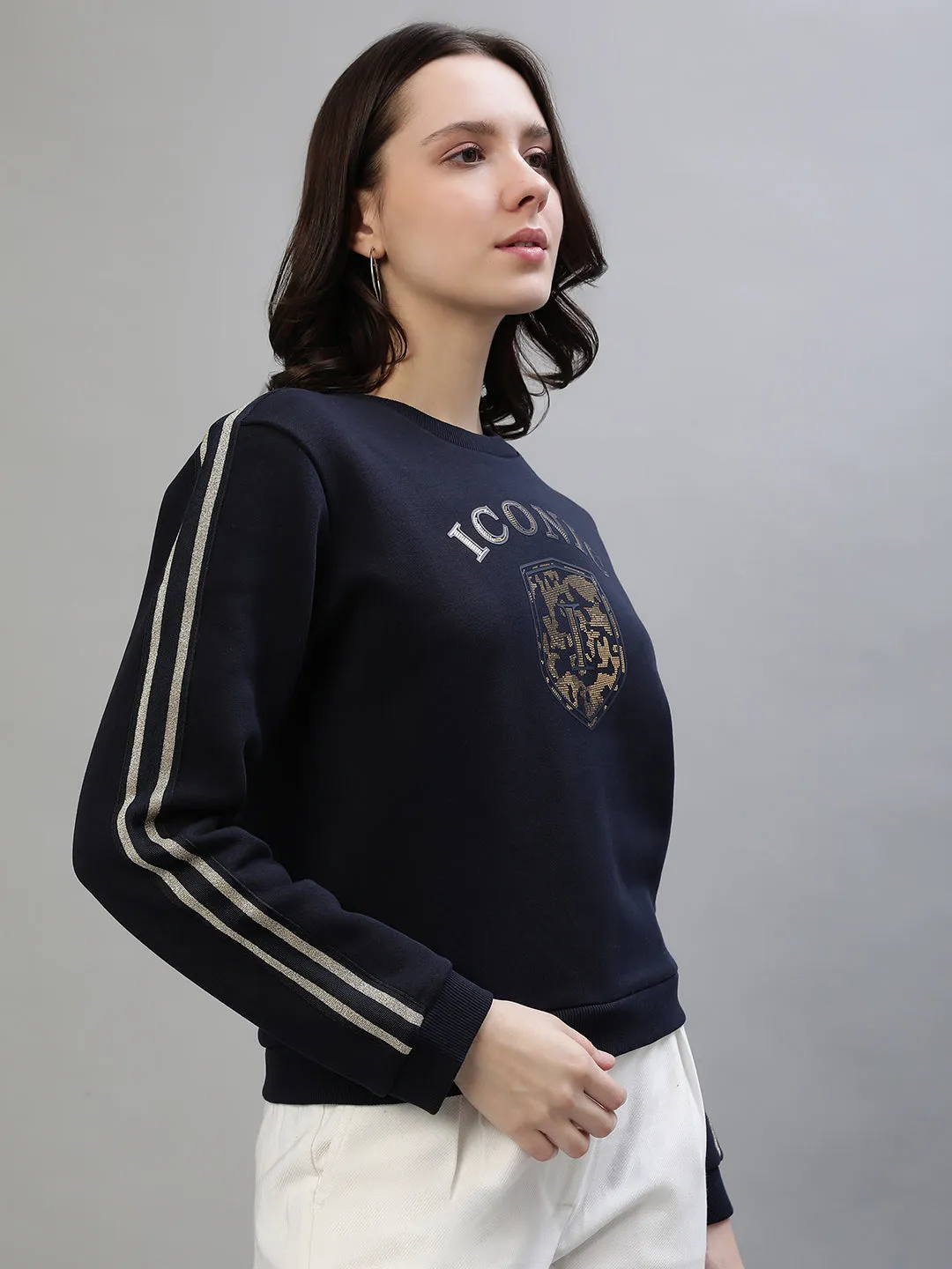 Iconic Women Navy Blue Printed Round Neck Full Sleeves Sweatshirt