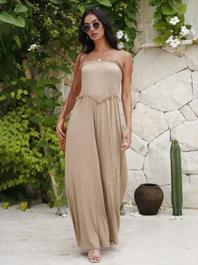 Island Beach Style Khaki Loose Fit Smocked Wide Leg Jumpsuit