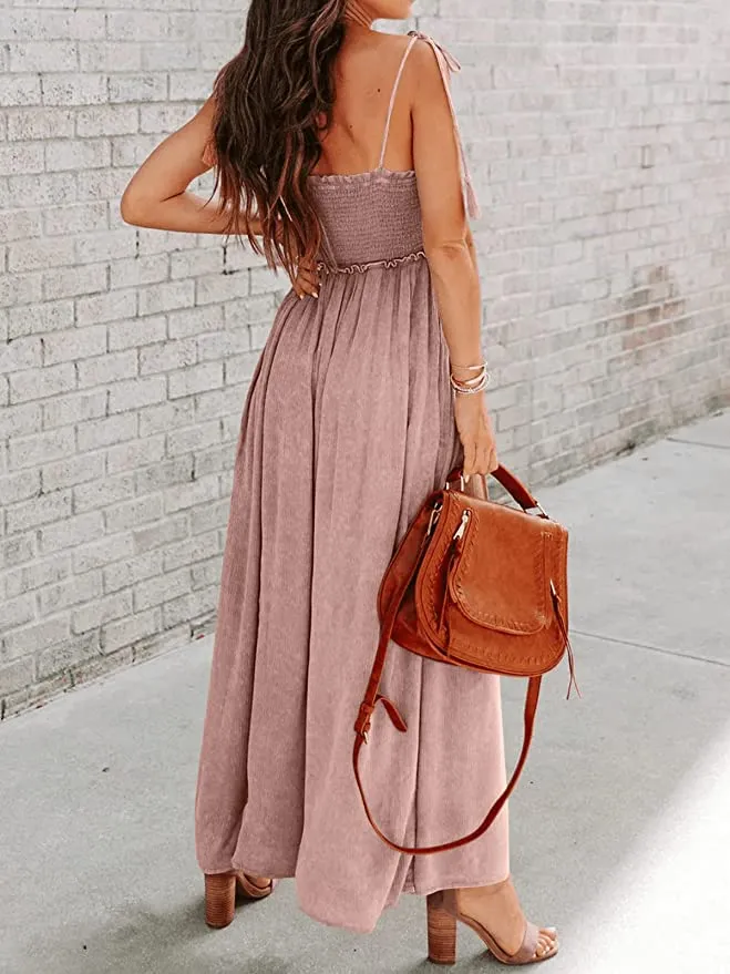 Island Beach Style Khaki Loose Fit Smocked Wide Leg Jumpsuit