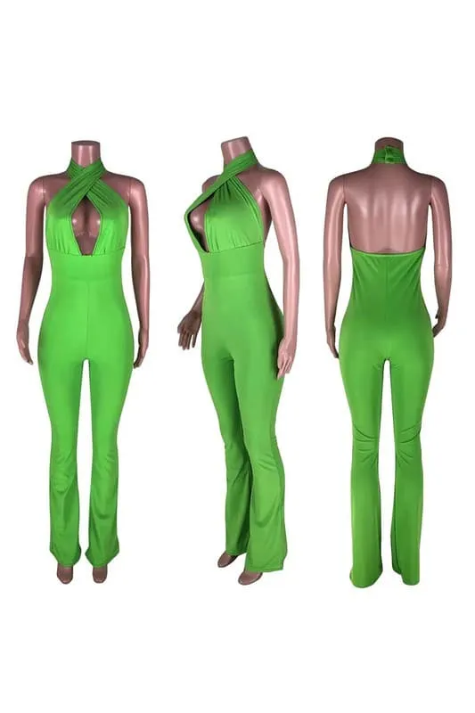 JA880 Cross Wrap Tie Halter Jumpsuit