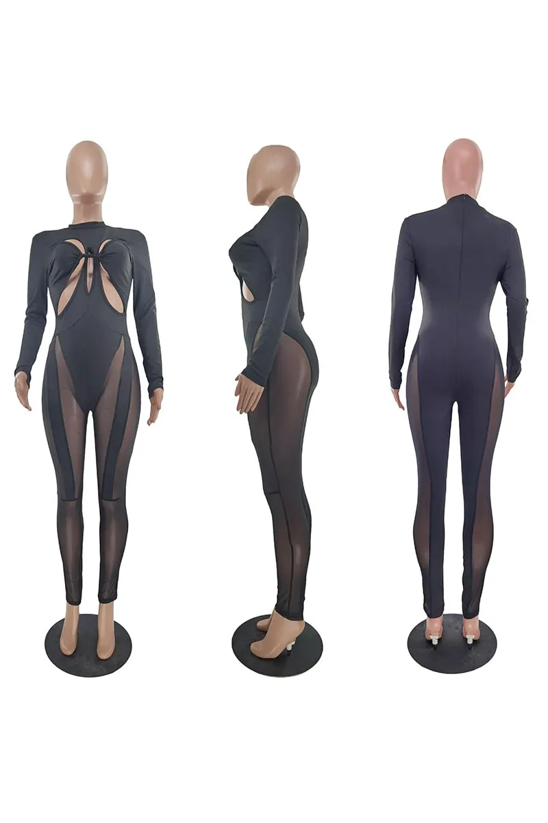 JI608 Cut-Out Sheer Stitching Jumpsuit