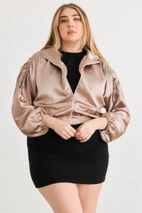 Junior Plus Light Mocha Satin Zip-Up Ruched Long Sleeve Cropped Bomber Jacket /1-1-1