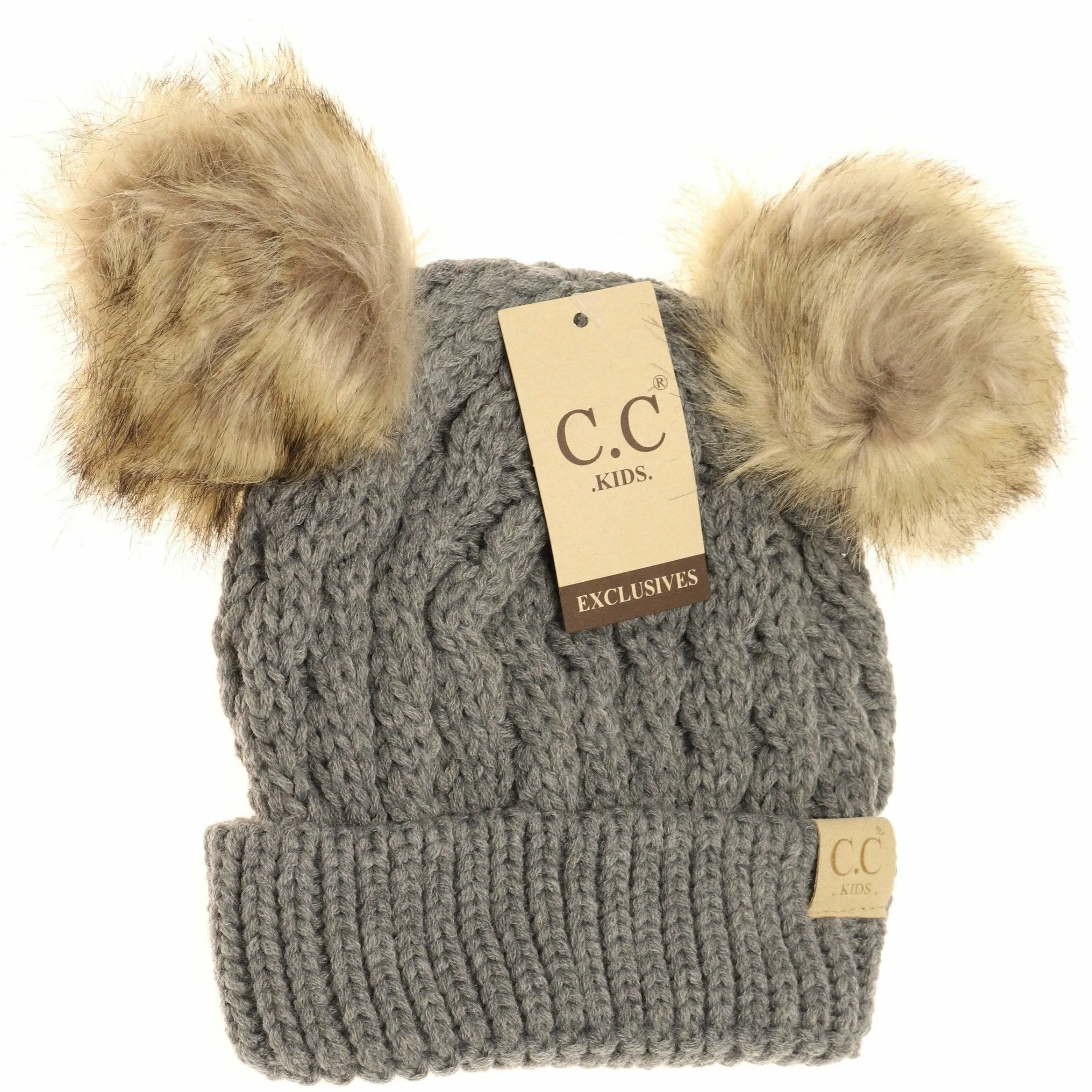 KIDS Cable Knit Double Fur Pom Beanie KIDS2055