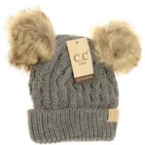 KIDS Cable Knit Double Fur Pom Beanie KIDS2055