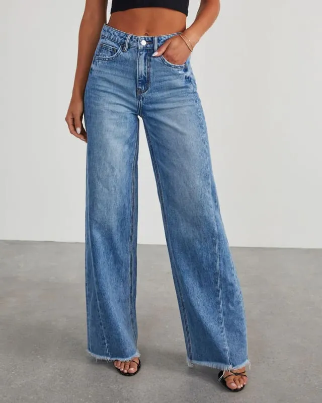 Ladies Loose Wide Leg Brushed Hem Denim Jeans for Comfy Style