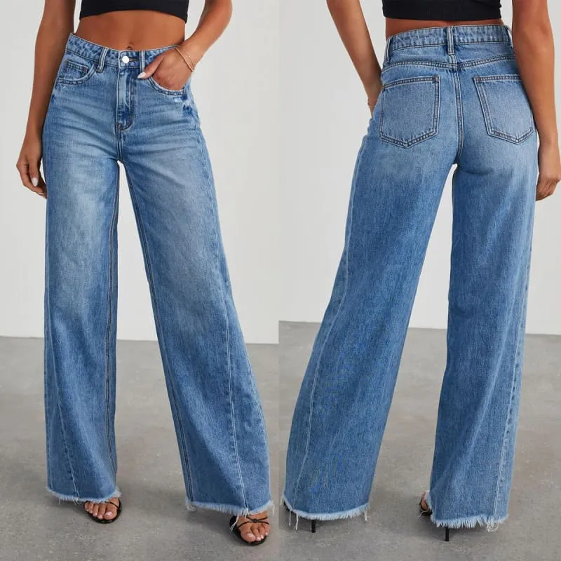 Ladies Loose Wide Leg Brushed Hem Denim Jeans for Comfy Style