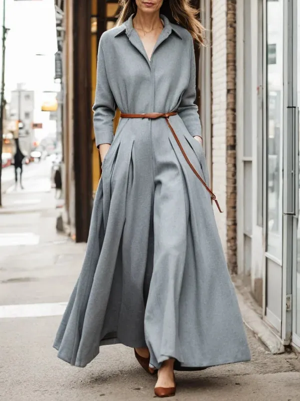 Long Sleeves Lapel Wide Leg Pleated Jumpsuits