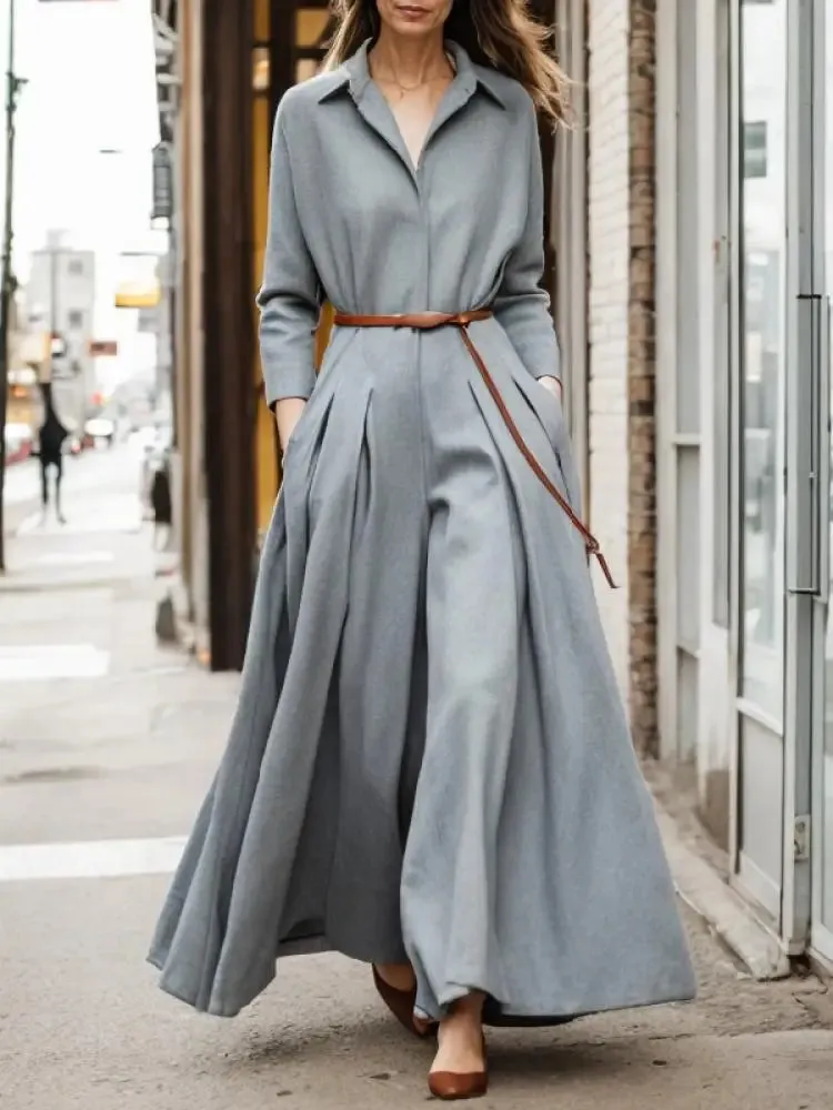 Long Sleeves Lapel Wide Leg Pleated Jumpsuits