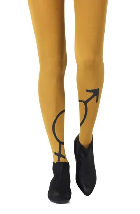 Lovely Black Mars   Venus Print 120 Denier Opaque Mustard Yellow Tights