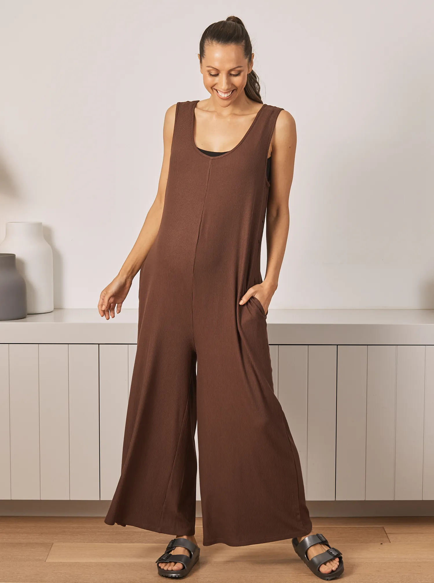 Marion Maternity Ribbed Jumpsuit in Chocolate