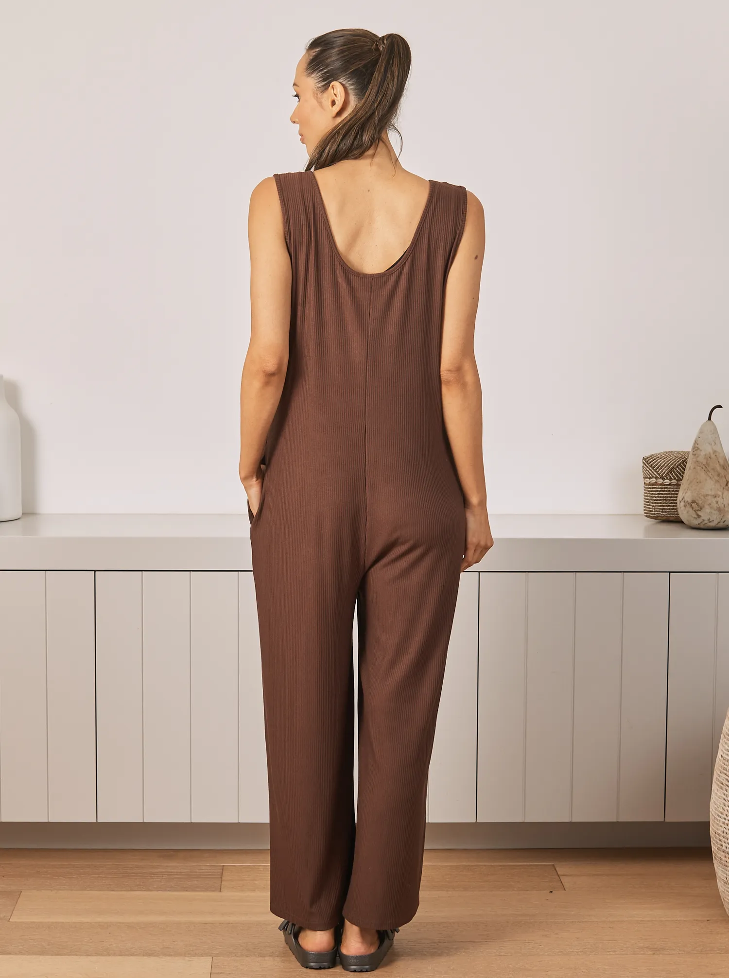 Marion Maternity Ribbed Jumpsuit in Chocolate