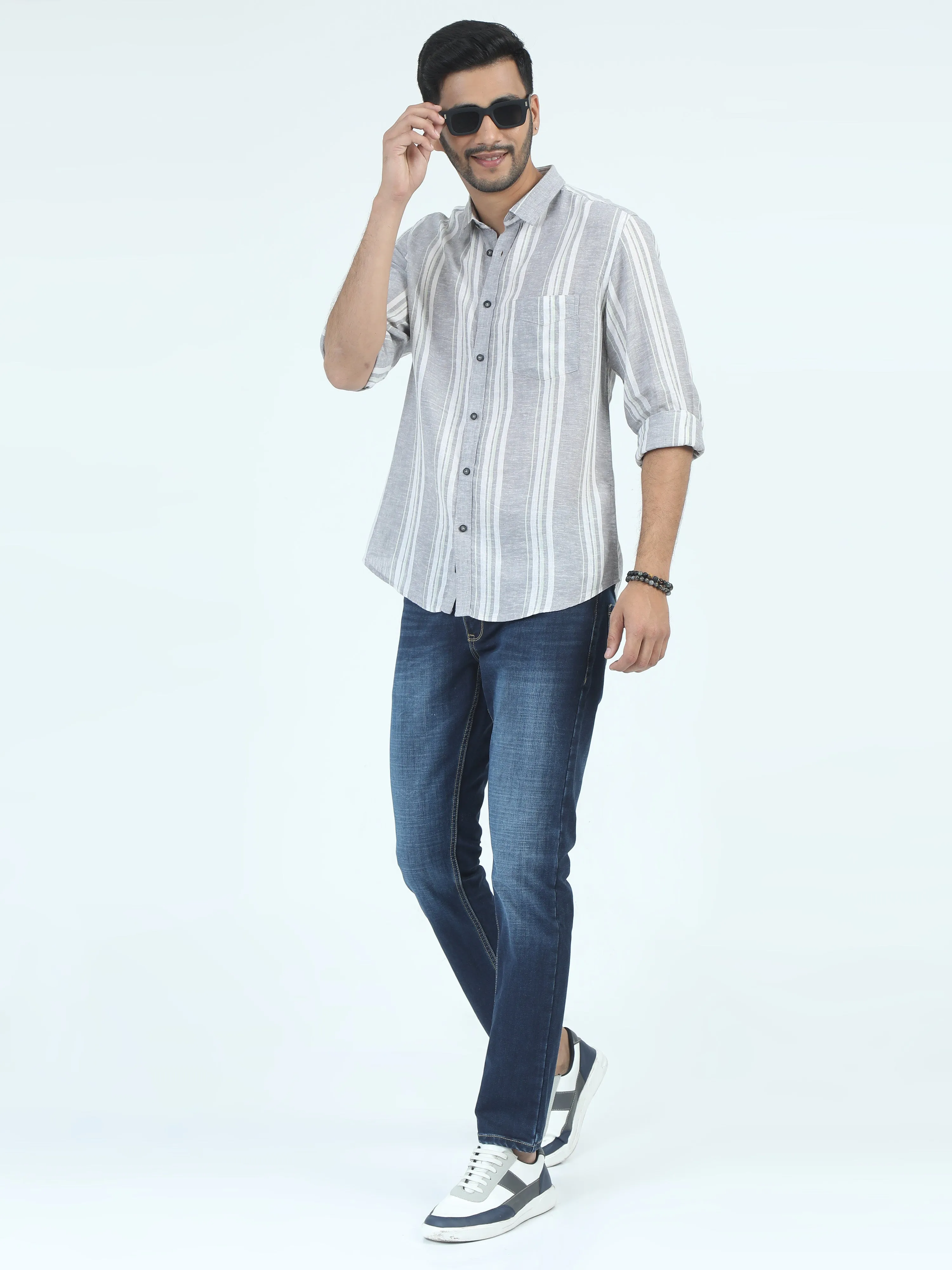 MEN'S ASH GREY STRIPES SLIM FIT SHIRT