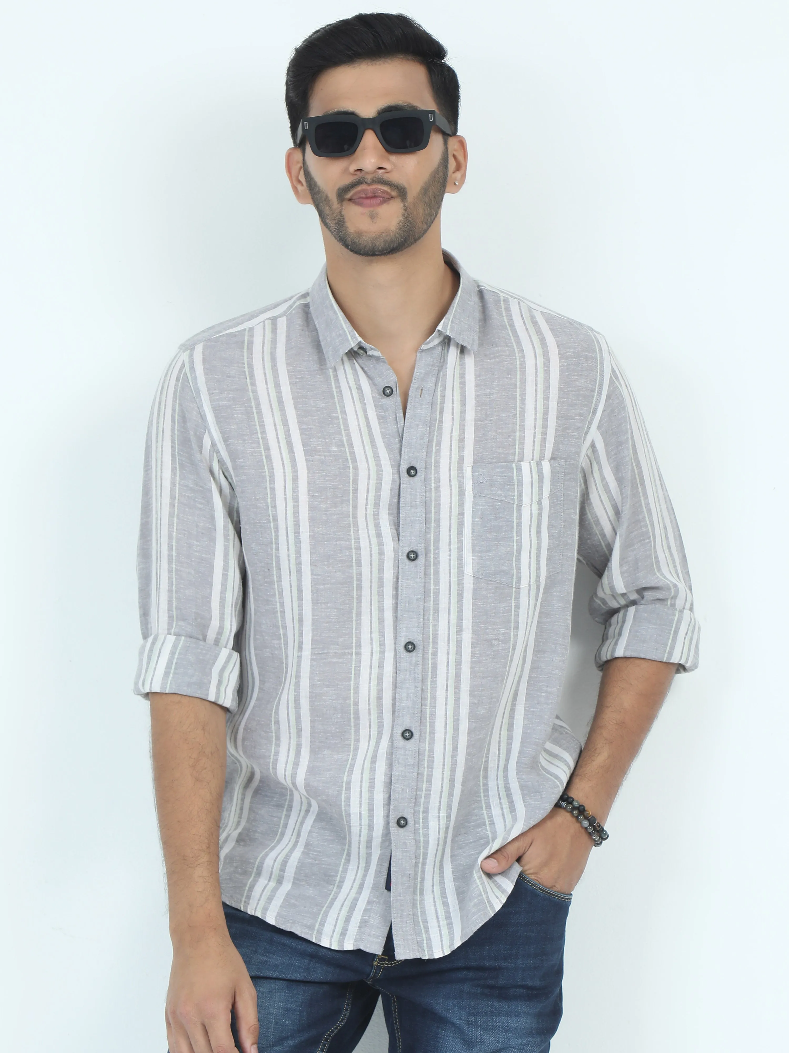 MEN'S ASH GREY STRIPES SLIM FIT SHIRT