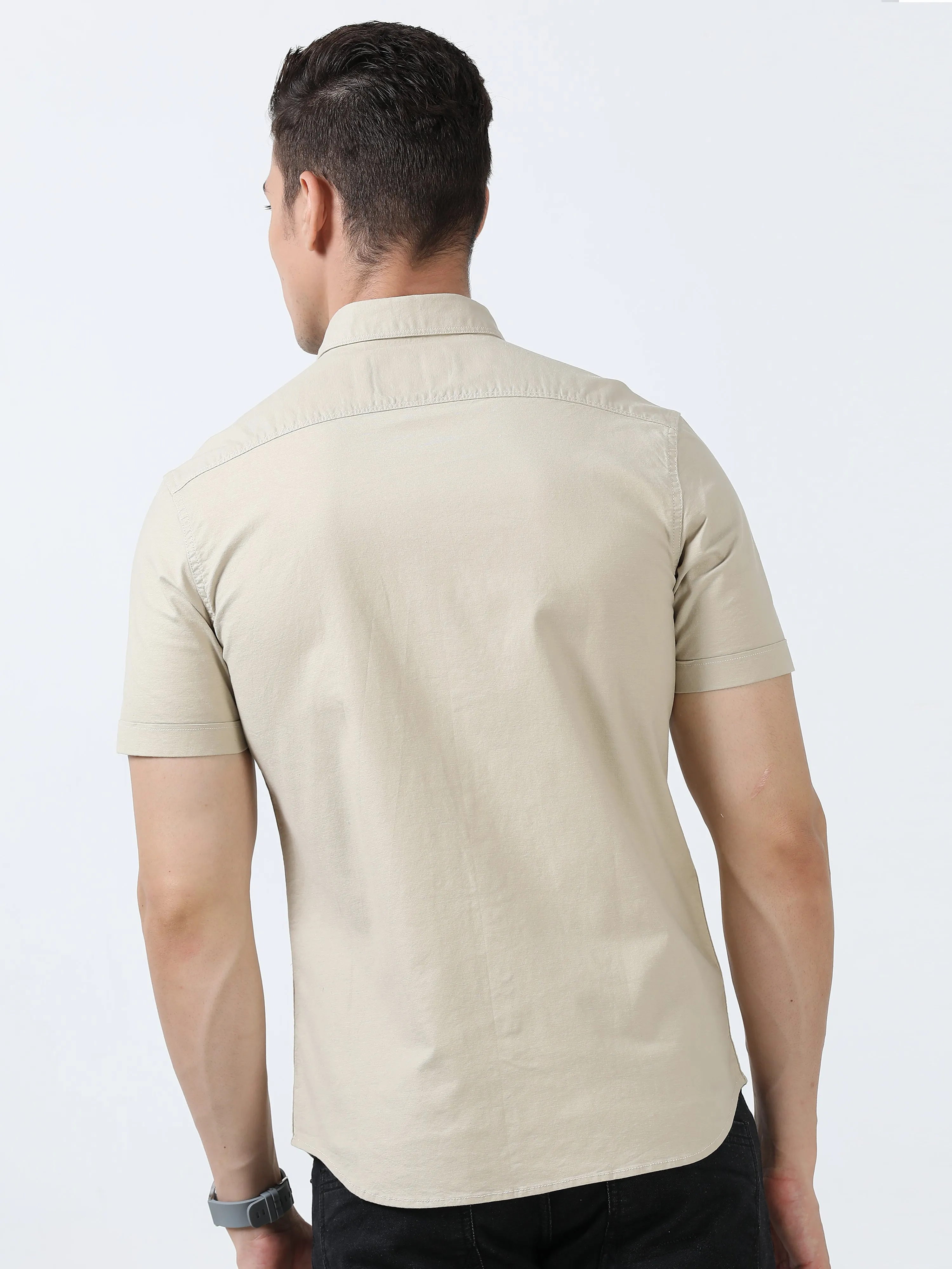 MEN'S -BEIGE-SOLID SLIM FIT SHIRT