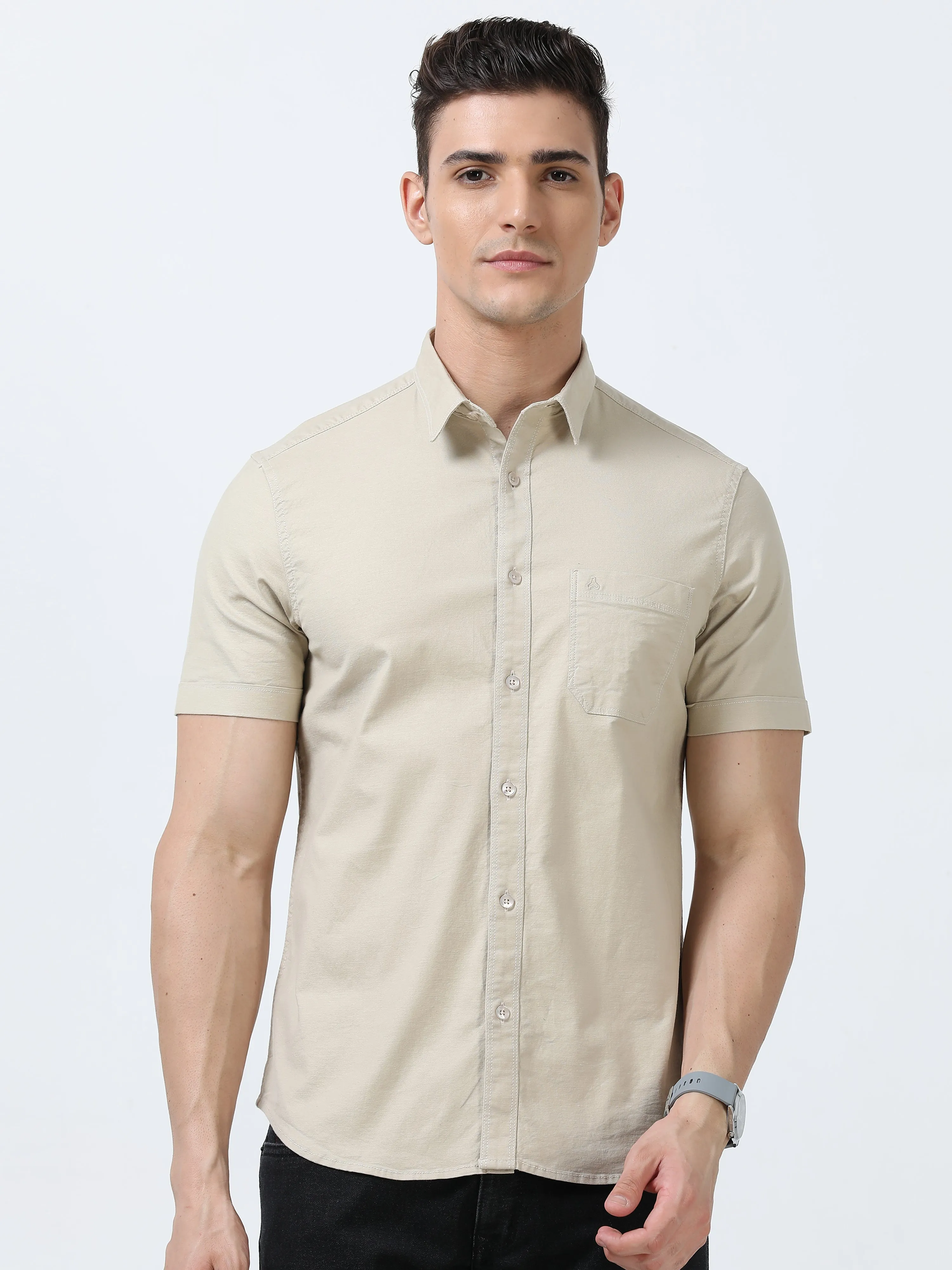 MEN'S -BEIGE-SOLID SLIM FIT SHIRT