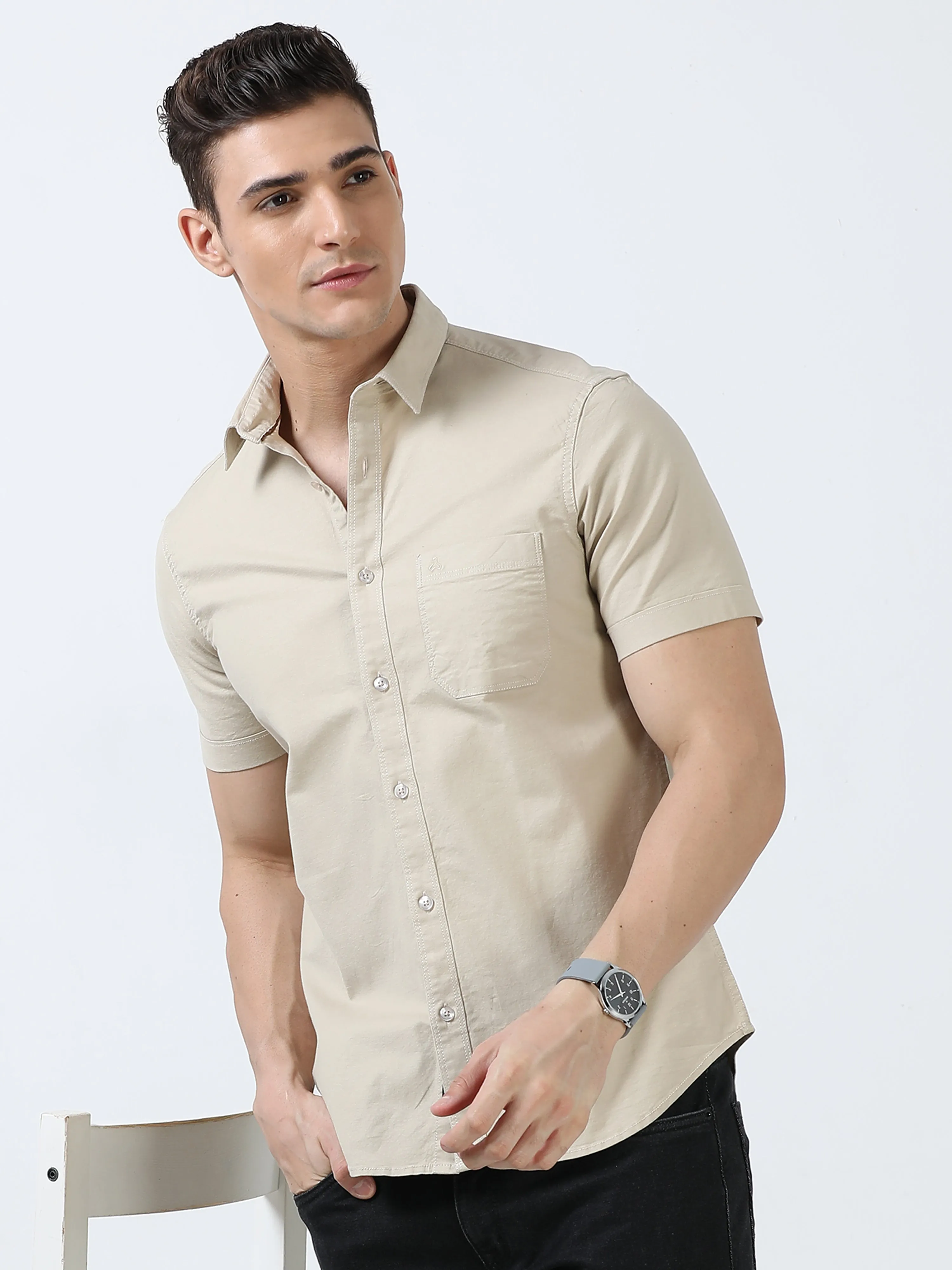 MEN'S -BEIGE-SOLID SLIM FIT SHIRT