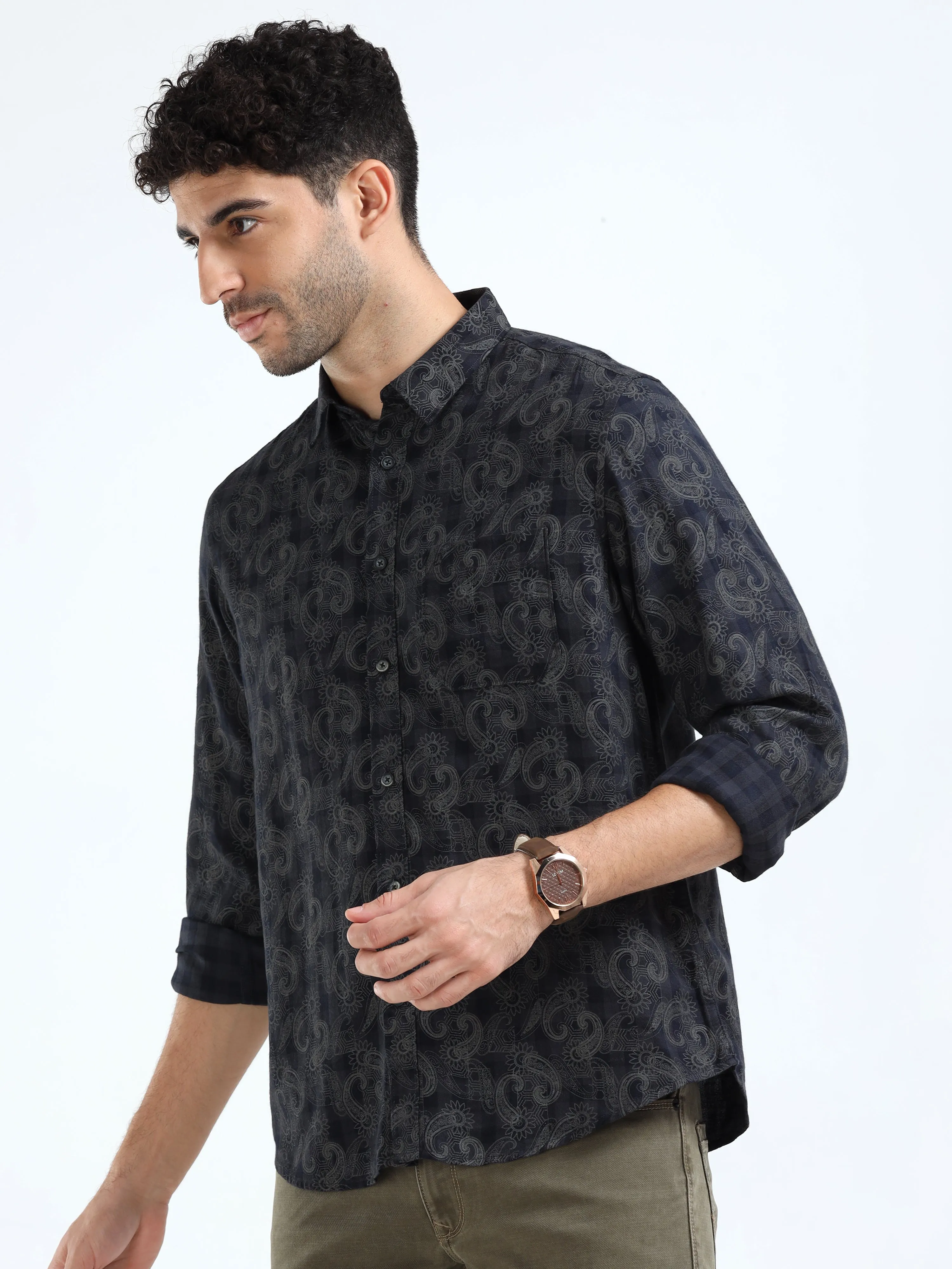 MEN'S BLACK CHECKS WITH PRINT SLIM FIT SHIRT