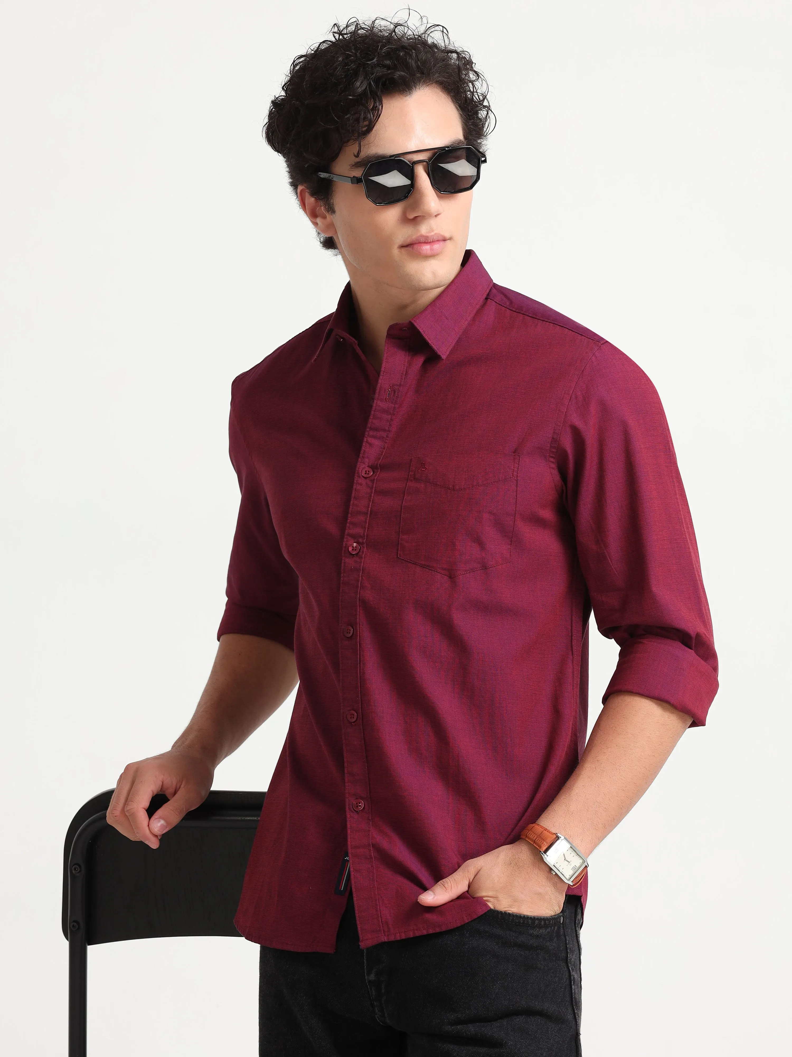 MEN'S CHERRY RED SOLID SLIM FIT SHIRT