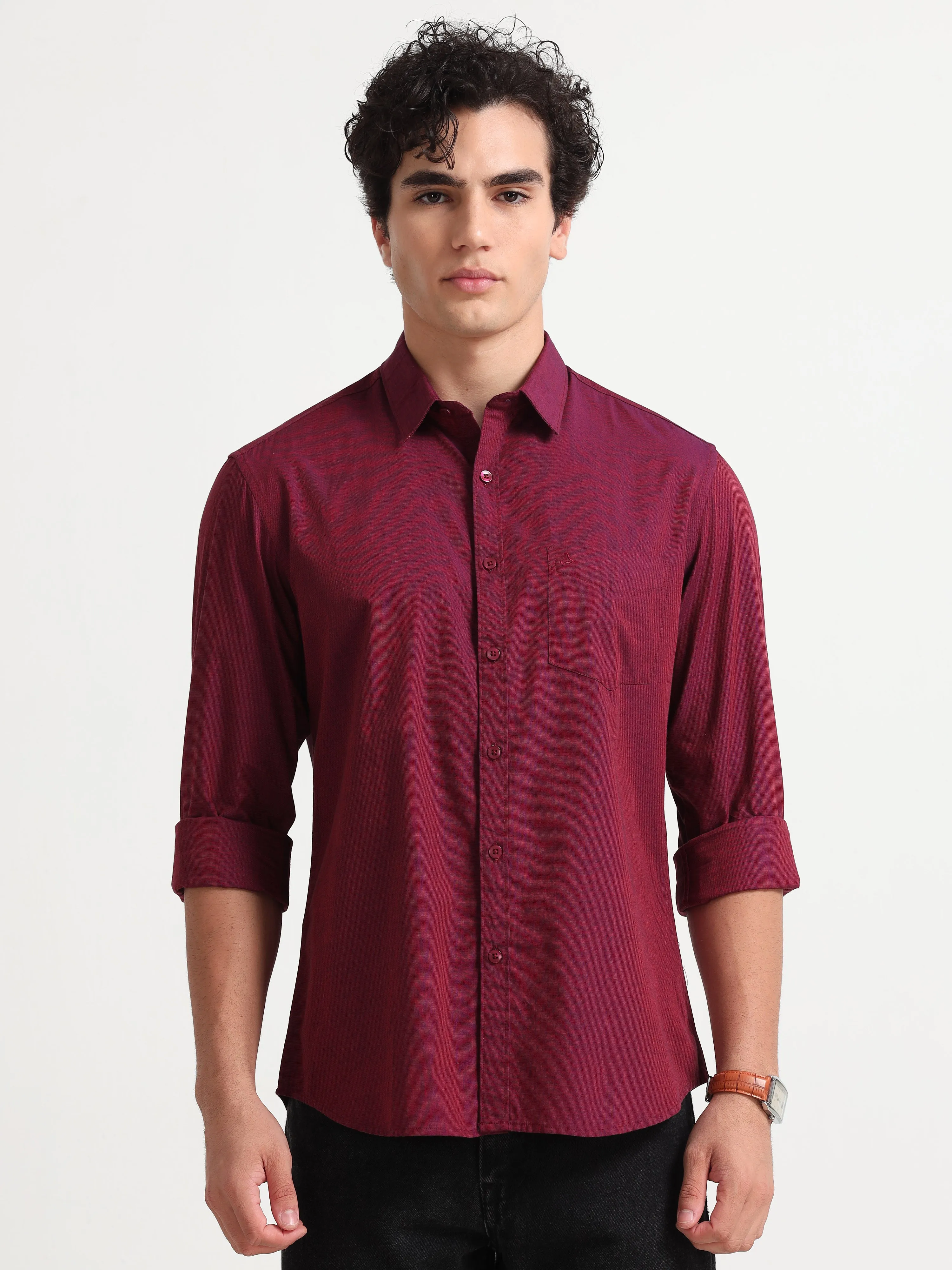 MEN'S CHERRY RED SOLID SLIM FIT SHIRT